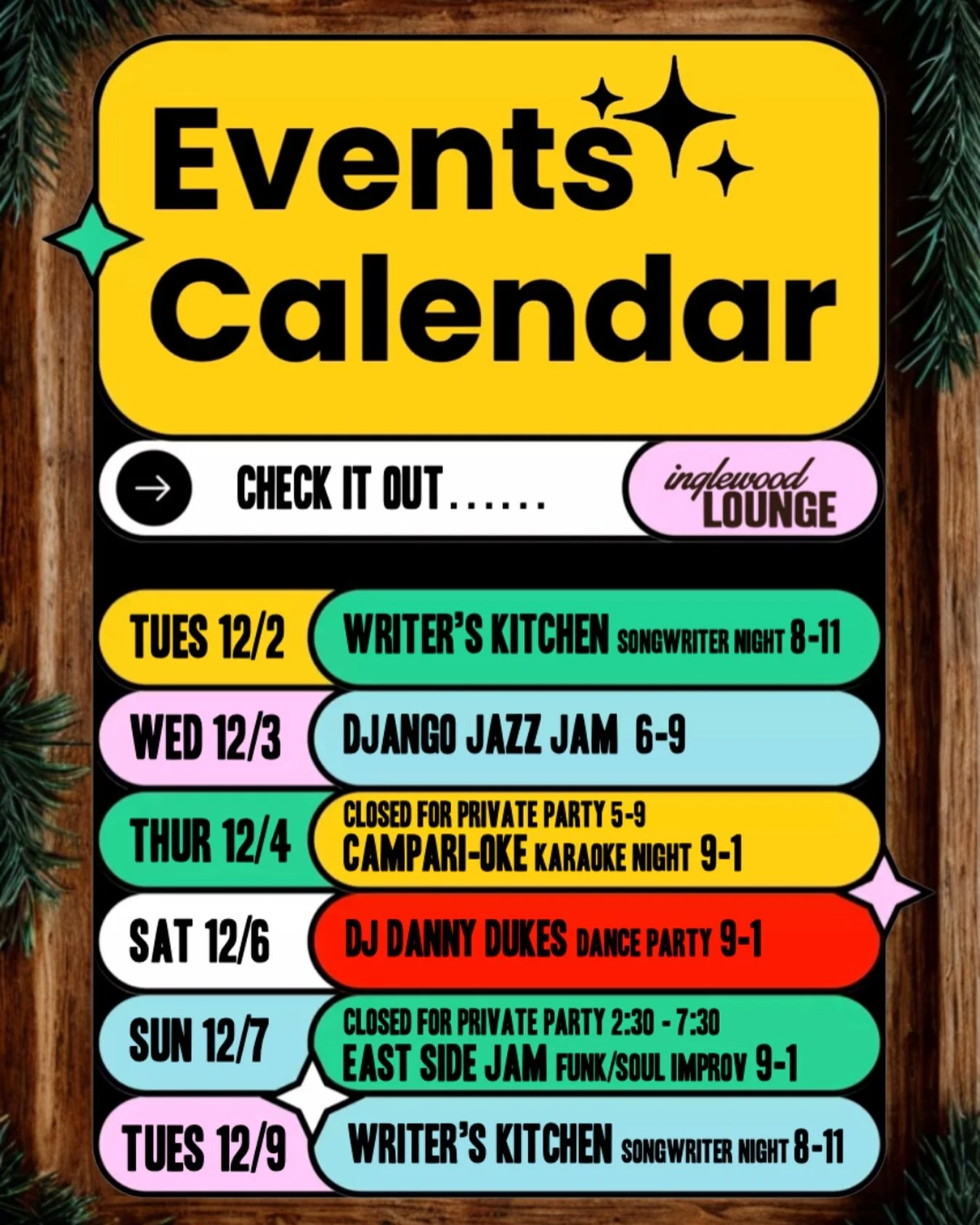 Here&rsquo;s our weekly (free) music lineup! ✨🎶🌝 We&rsquo;ve got your dinner &amp; drinks, too. 🍸🍲 
Plus, free parking! ✅

#livemusic #inglewoodlounge #eastnashville