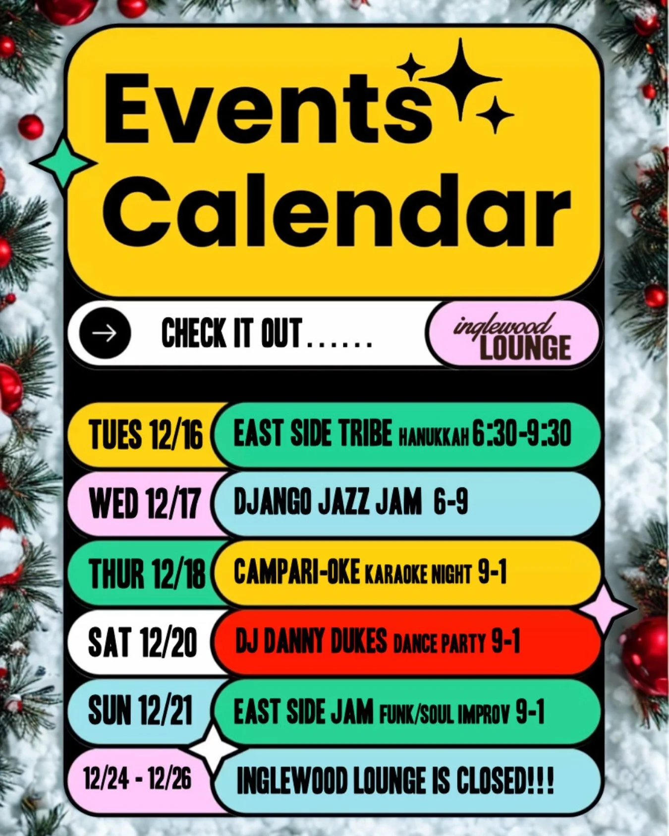 At Inglewood Lounge this week! 🎁 Stop in for some holiday cheer &amp; free live music. 🥂🎶✨

#inglewoodlounge #eastnashville #nocover