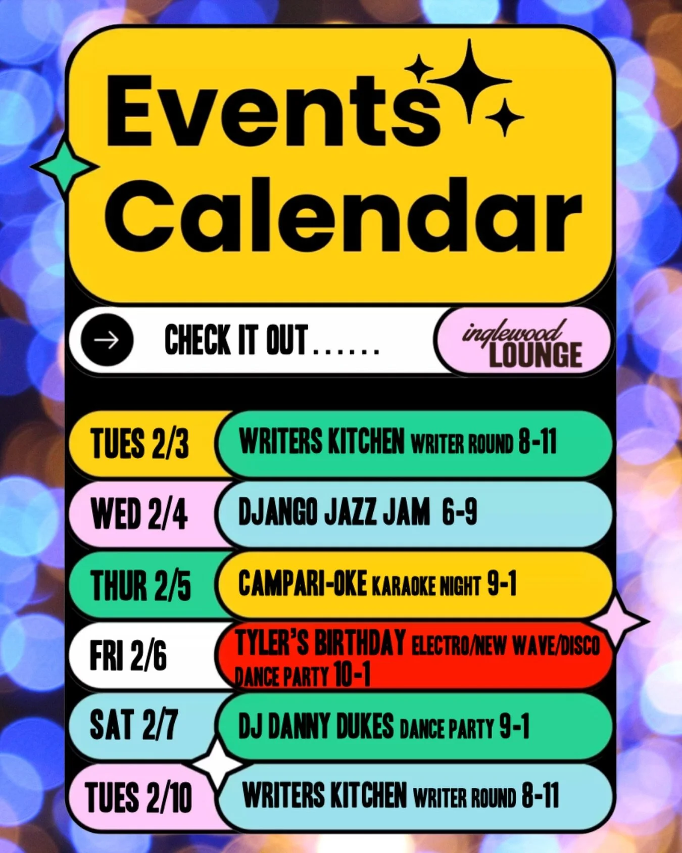 A whole week of FREE music?? ✨🎶🪩
Writer&rsquo;s Kitchen, Django Jam, Campari-oke&hellip; Plus TWO dance parties. Friday is our dude Tyler&rsquo;s birthday! 🎂 Come through for the vibes! 💗 21+

#inglewoodlounge #eastnashville #freelivemusic #neigh