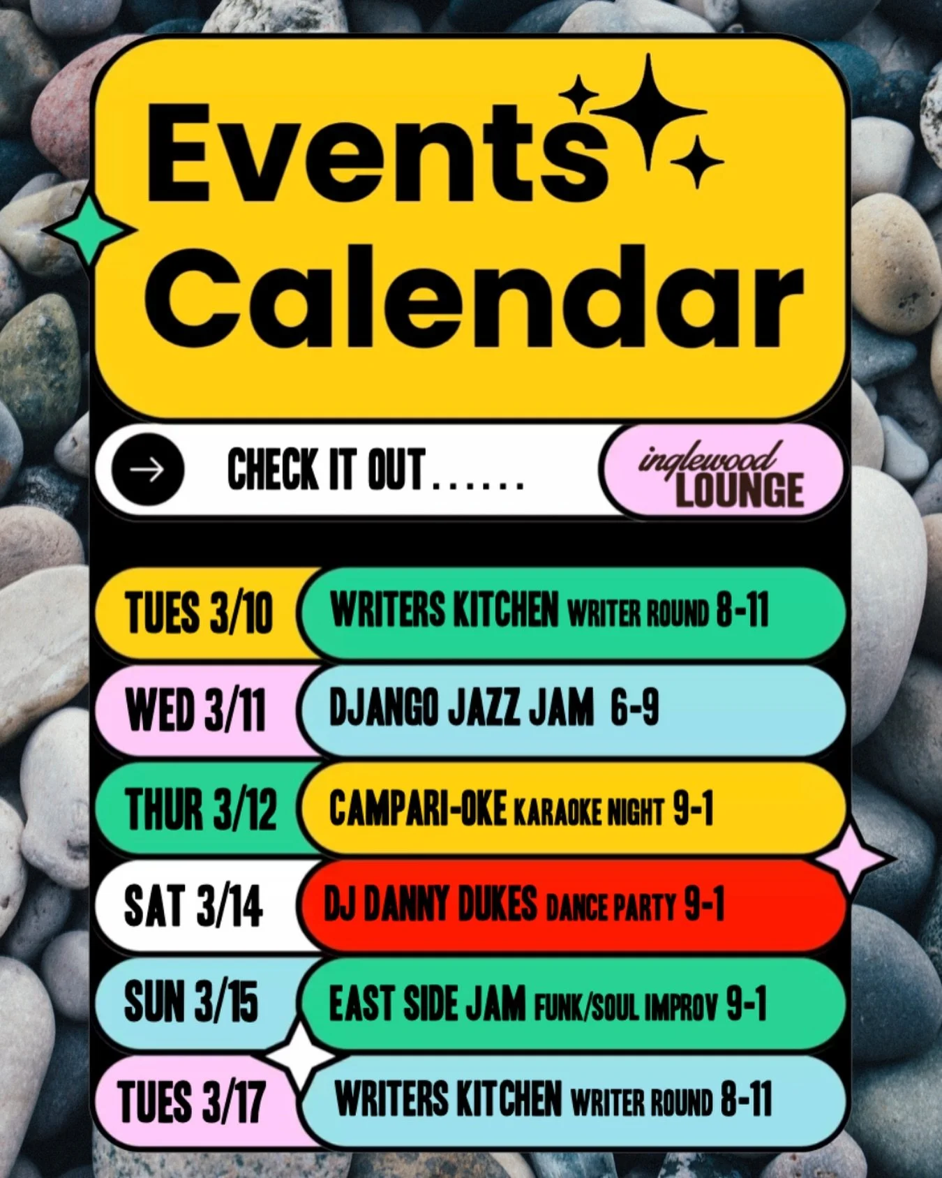 This week&rsquo;s musical events! 🎶
Dinner, drinks &amp; viiiibes. 🍔🍸✨
No. Cover. Something for everyone 21+! 💗

#inglewoodlounge #eastnashville #livemusic #cocktails #kitchenopenlate