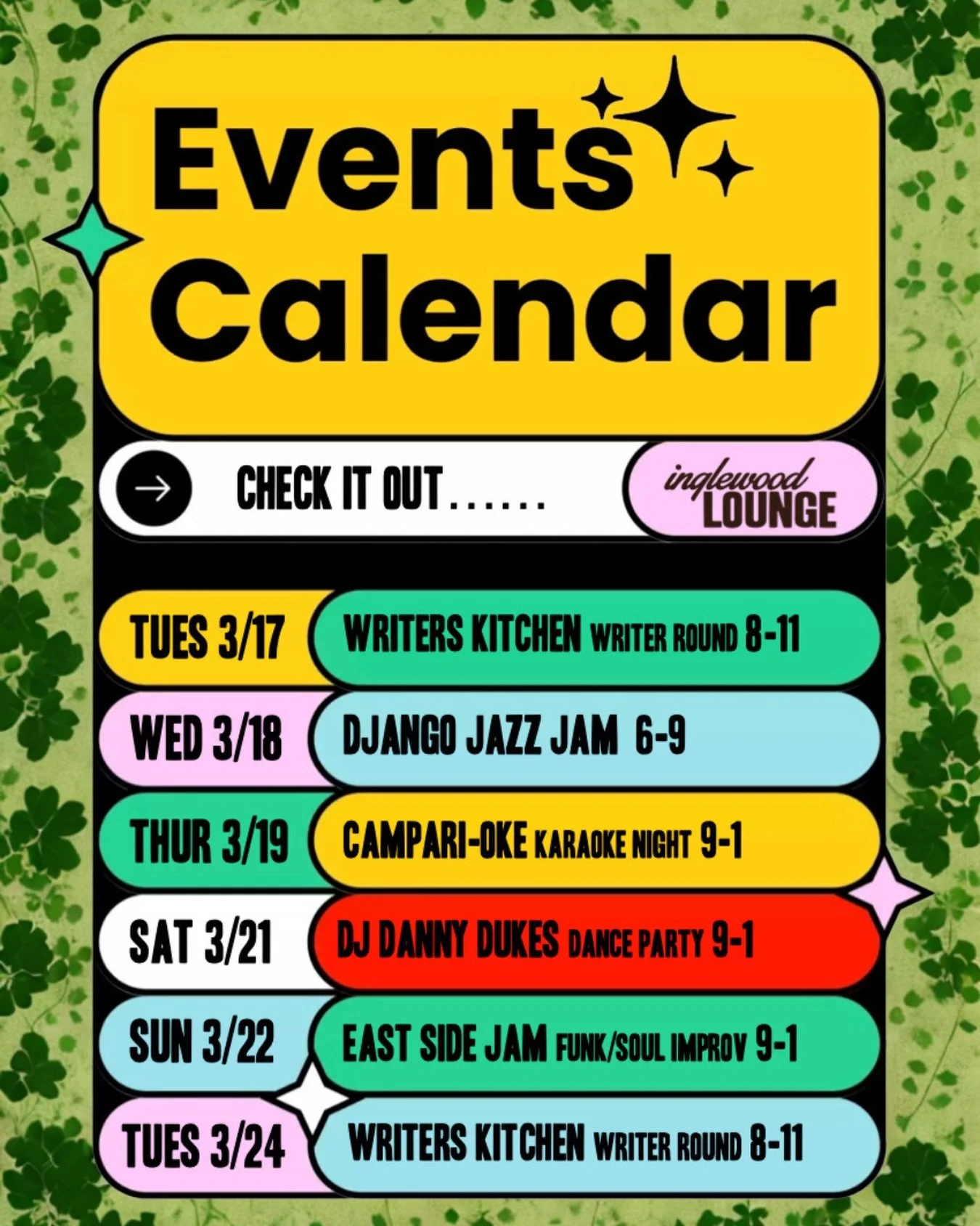 Lucky us! 🍀 This week&rsquo;s live music lineup. ✨ Come hang out at the lounge. 🍸 (No cover; 21+)

#inglewoodlounge #eastnashville #livemusic #nocover #springtime