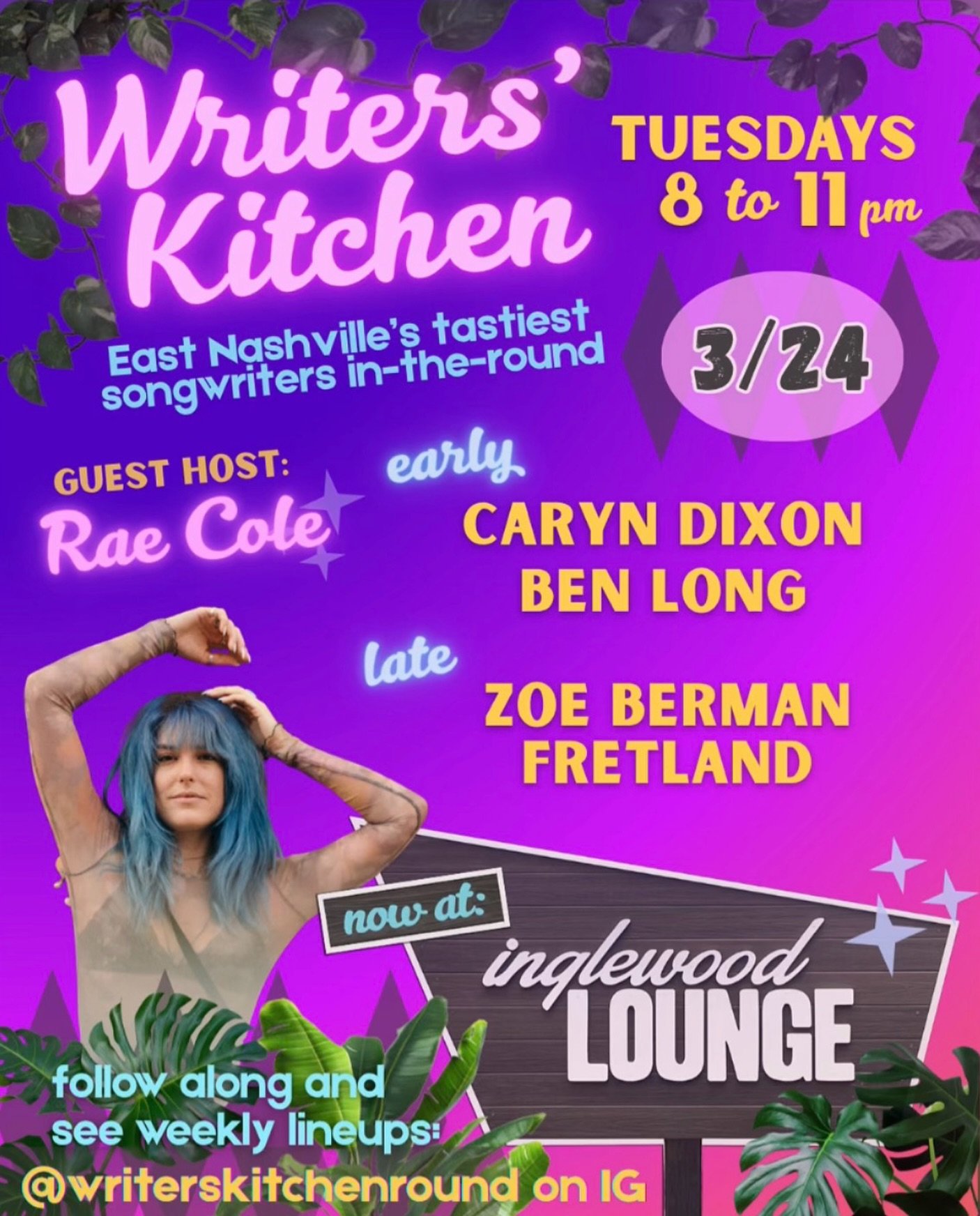 Tuesdays are for @writerskitchenround 🎶
*TONIGHT* Special Guest Host : RAE COLE!! 💗
Slide through &amp; show love to these incredible artists. 🔥

#inglewoodlounge #writersround #nashvillelivemusic #storytime singersongwriters