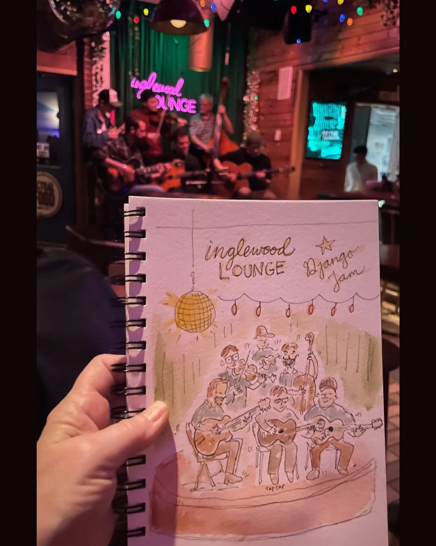 It&rsquo;s Wednesday! We&rsquo;ve got @nashdjangojam 6PM-9PM. 🎶✨🎻 S/o to @jodibeingjodi for this amazing art! ✍🏼🎨

#inglewoodlounge #djangoreinhardt #jazzjam #nashvillejazz #livemusic