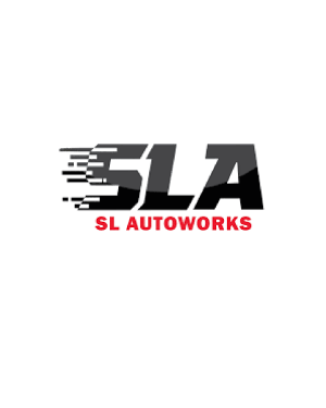 Logo of SLA Autoworks with stylized letters SL with motion lines and red text below reading SL Autoworks.