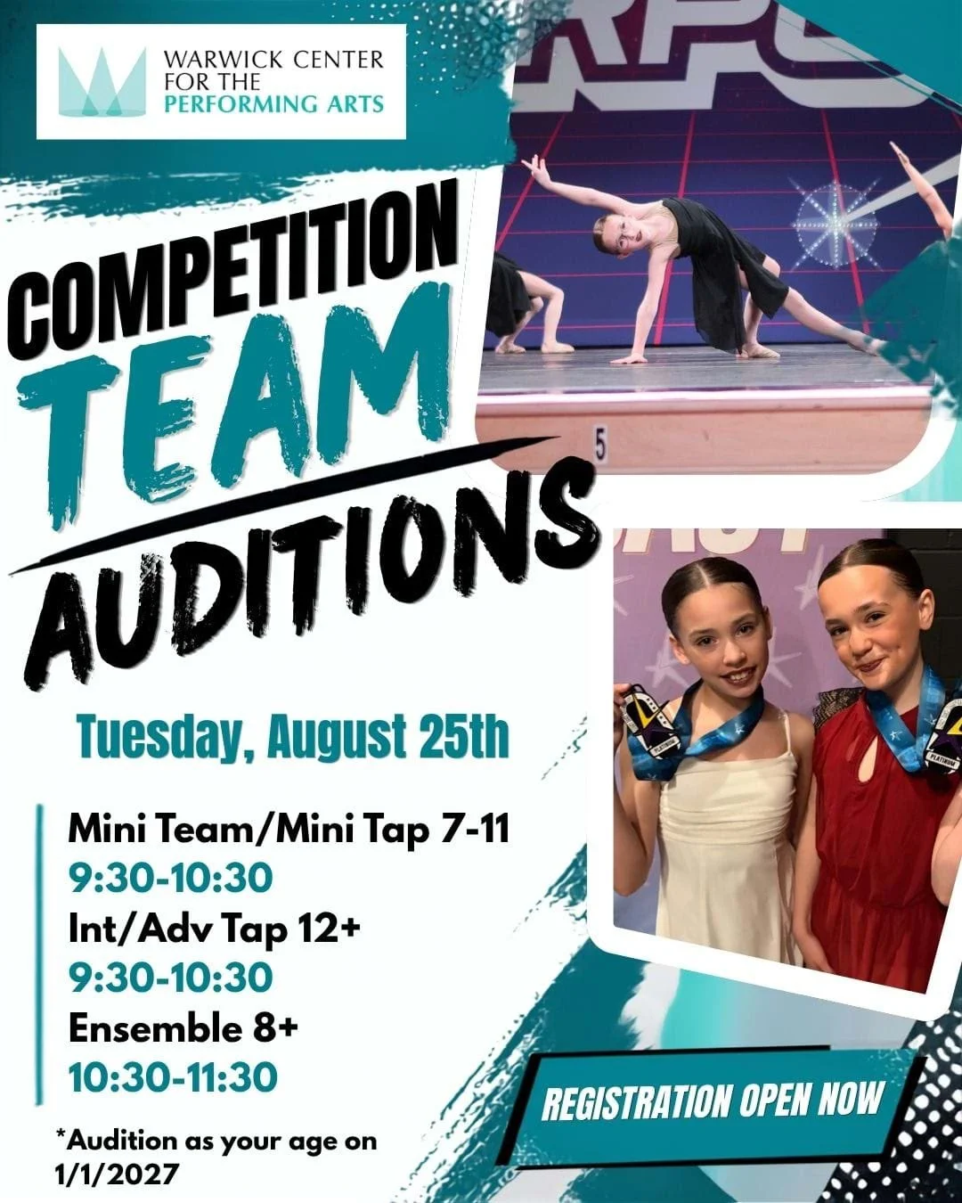 Mini Competition Team, Mini Tap Team, Intermediate/Advanced Tap Teams, and Competitive Ensemble Auditions