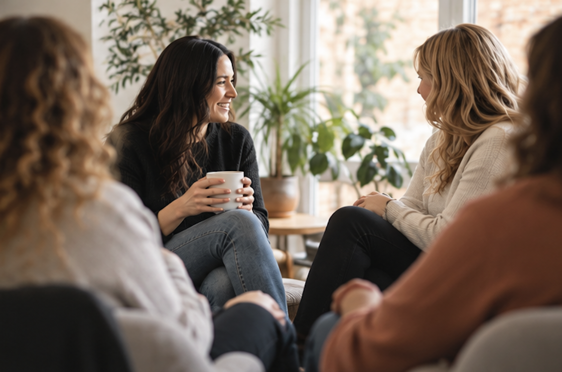A group of people sitting in a circle during a meeting or discussion in a room with wooden floors and white walls, decorated with potted plants.