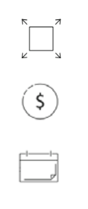 Three icons: a resizing square, a dollar sign in a circle, and a calendar with a checkmark.