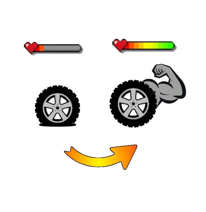 Animation showing a progression from a weak heart meter, to a healthy heart meter, then two car tires, the second tire has a flexed arm muscle attached, and an orange arrow pointing right indicating transformation or change.