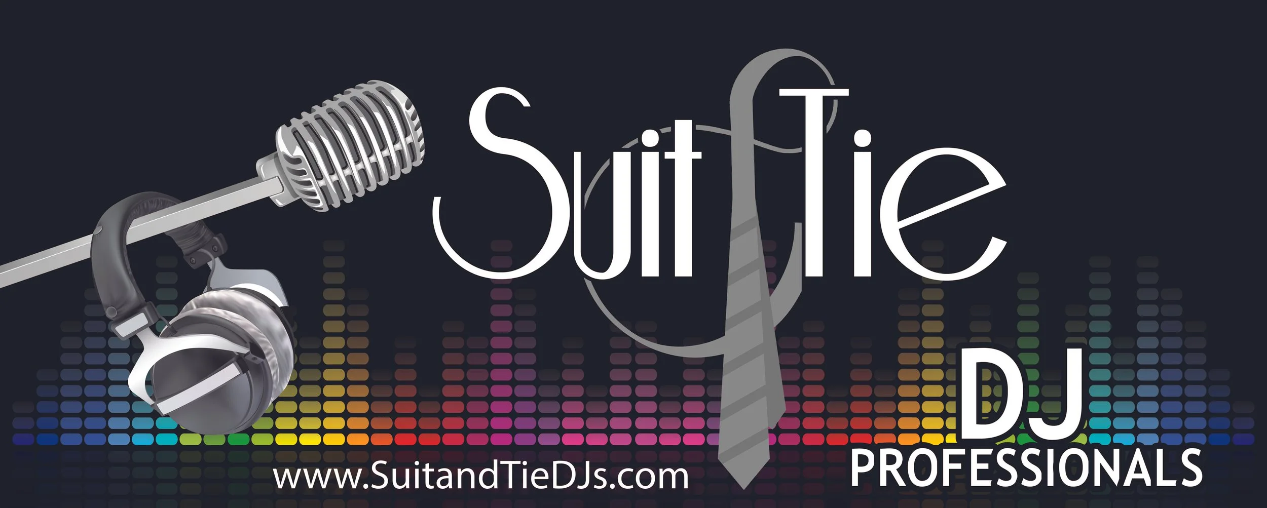 Graphic design for Suit and Tie DJ Professionals featuring a vintage microphone, headphones, a tie, and a colorful sound wave background.
