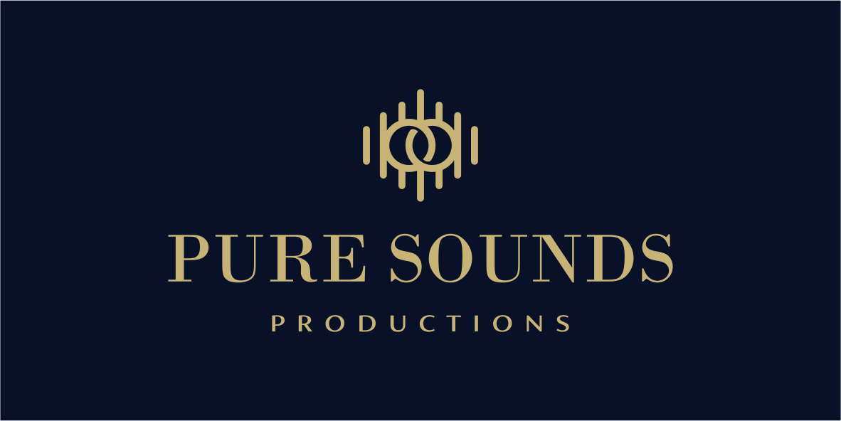 Logo for Pure Sounds Productions featuring a gold emblem resembling sound waves on a dark background.