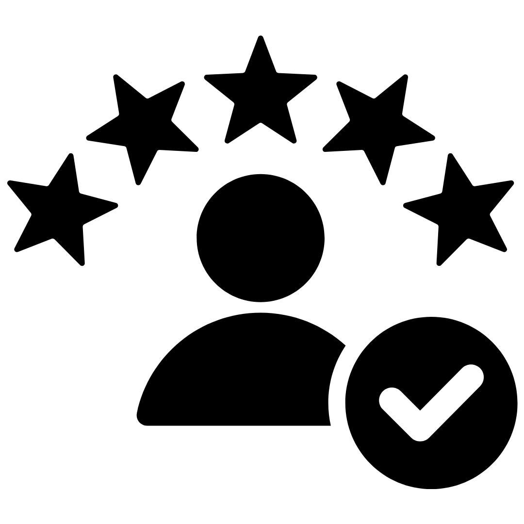 Icon of a person with five stars above their head and a checkmark on the bottom right.