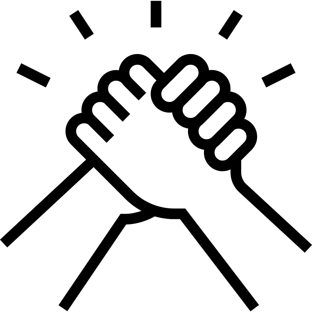 Two hands clasped in a handshake with lines radiating outward, symbolizing unity or agreement.