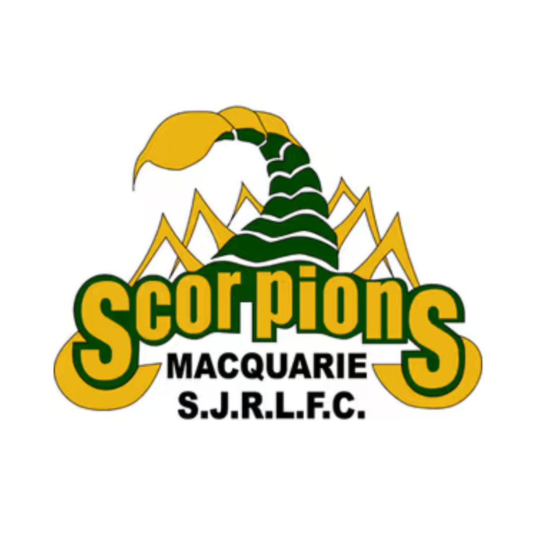 Logo of Scorpions Macquarie S.J.R.L.F.C. featuring a scorpion with a yellow tail and black and white striped body, and a yellow spider web background.