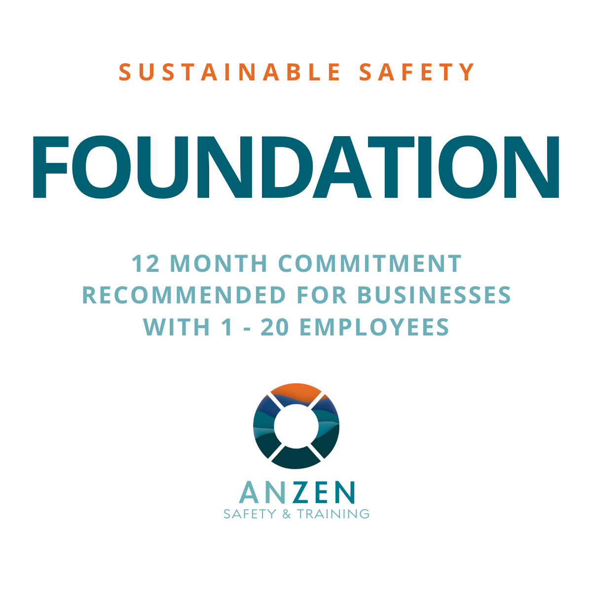 Sustainable safety foundation for small businesses with 12-month commitment, recommended for companies with 1 to 20 employees, featuring the ANZEN Safety & Training logo.
