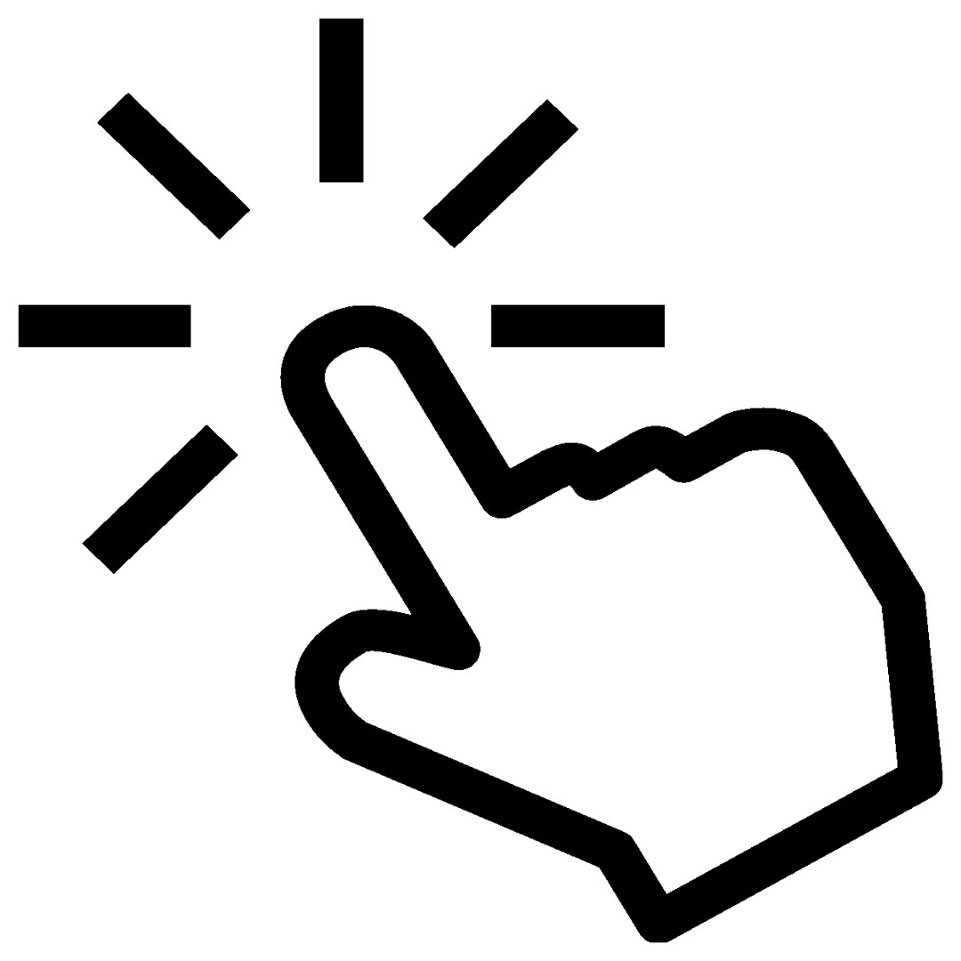 Icon of a hand clicking with a finger pointed at a glowing button, representing a digital touch or interaction.