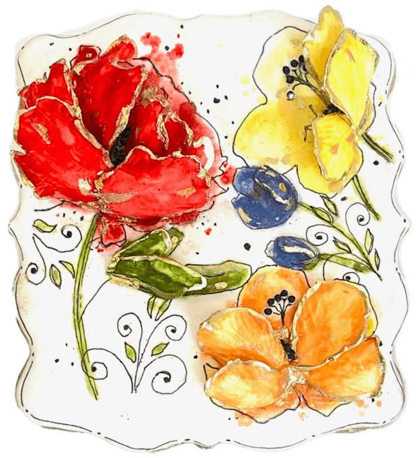 Decorative ceramic plate with colorful painted flowers including red, yellow, orange, and blue blooms.