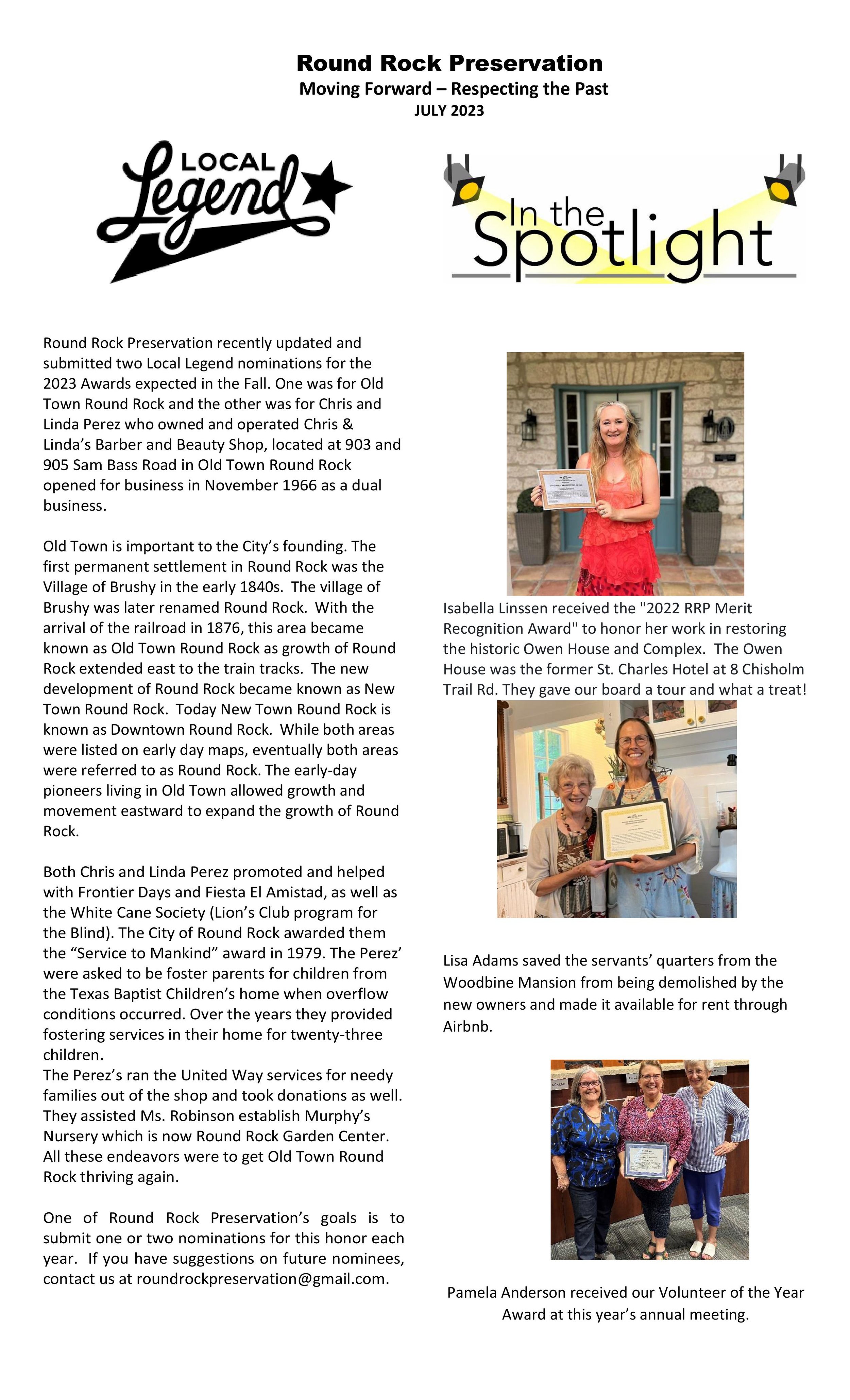 July 2023 Newsletter — Round Rock Preservation