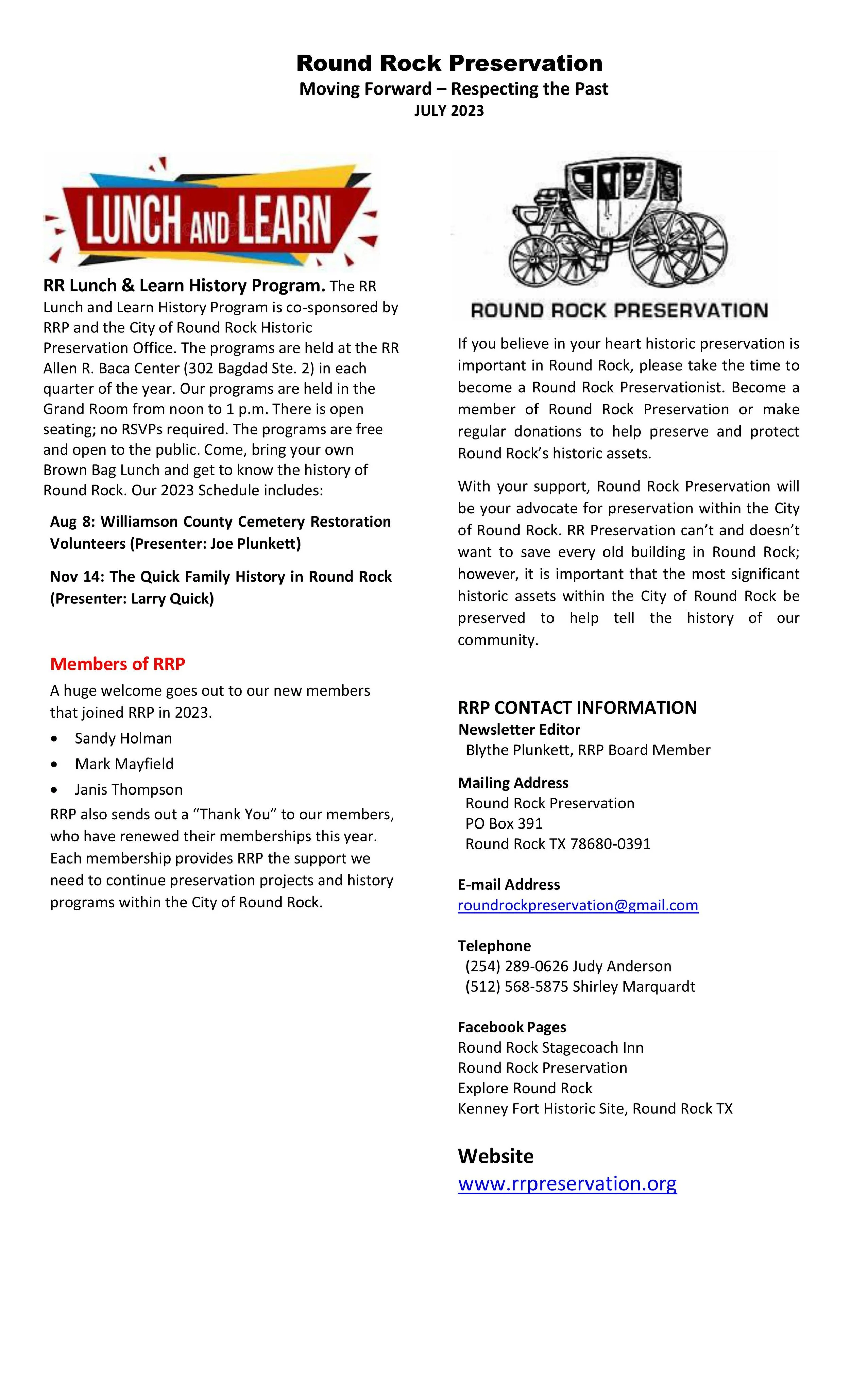 July 2023 Newsletter — Round Rock Preservation