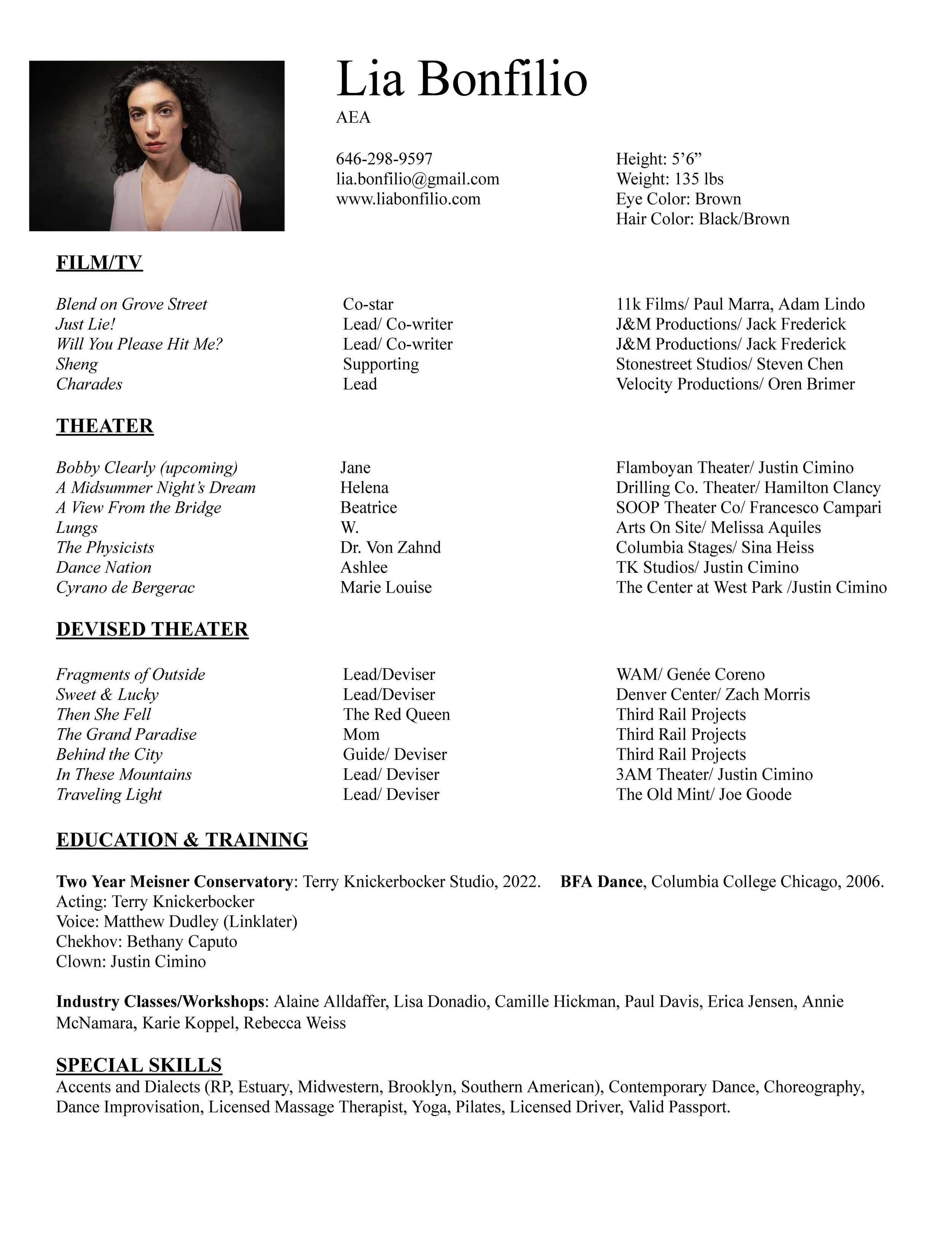 Lia Bonfilio Acting Resume