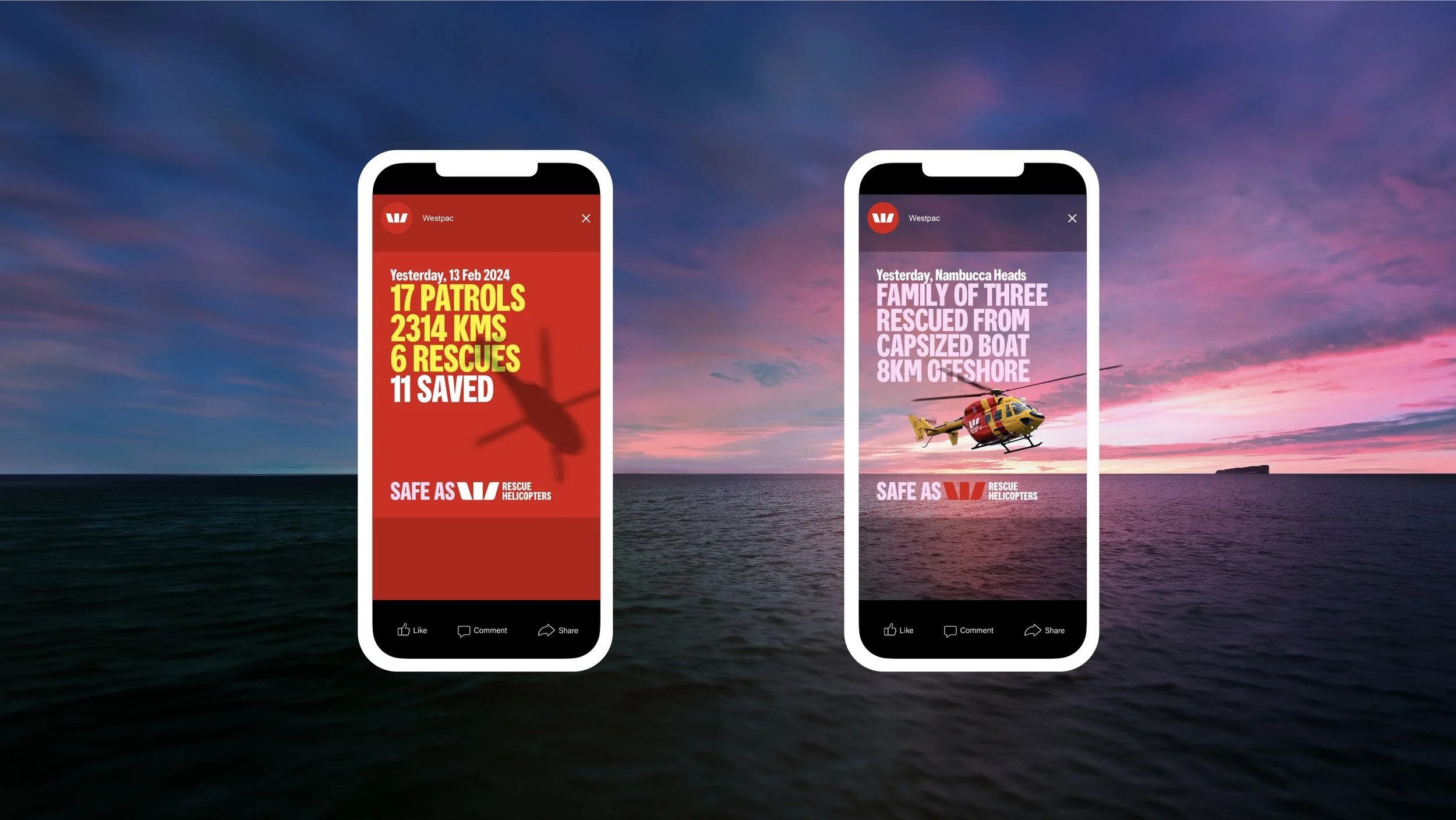 Two smartphones displaying rescue operation updates against a backdrop of a sunset over the ocean, with a rescue helicopter flying near the water.