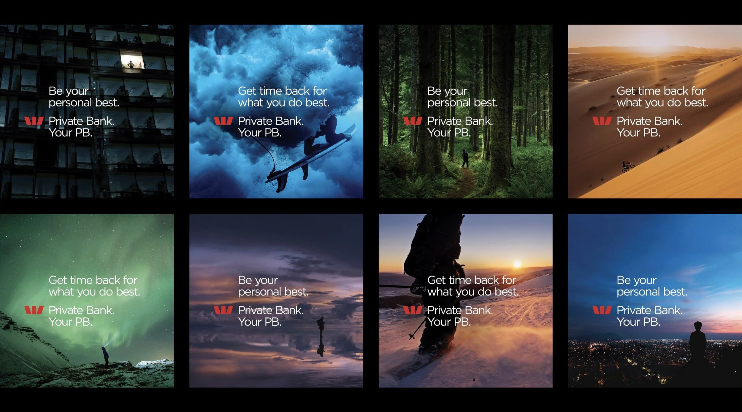 A collage of motivational advertisements featuring outdoor and nature scenes, with the Private Bank logo and slogans like "Be your personal best" and "Get time back for what you do best."
