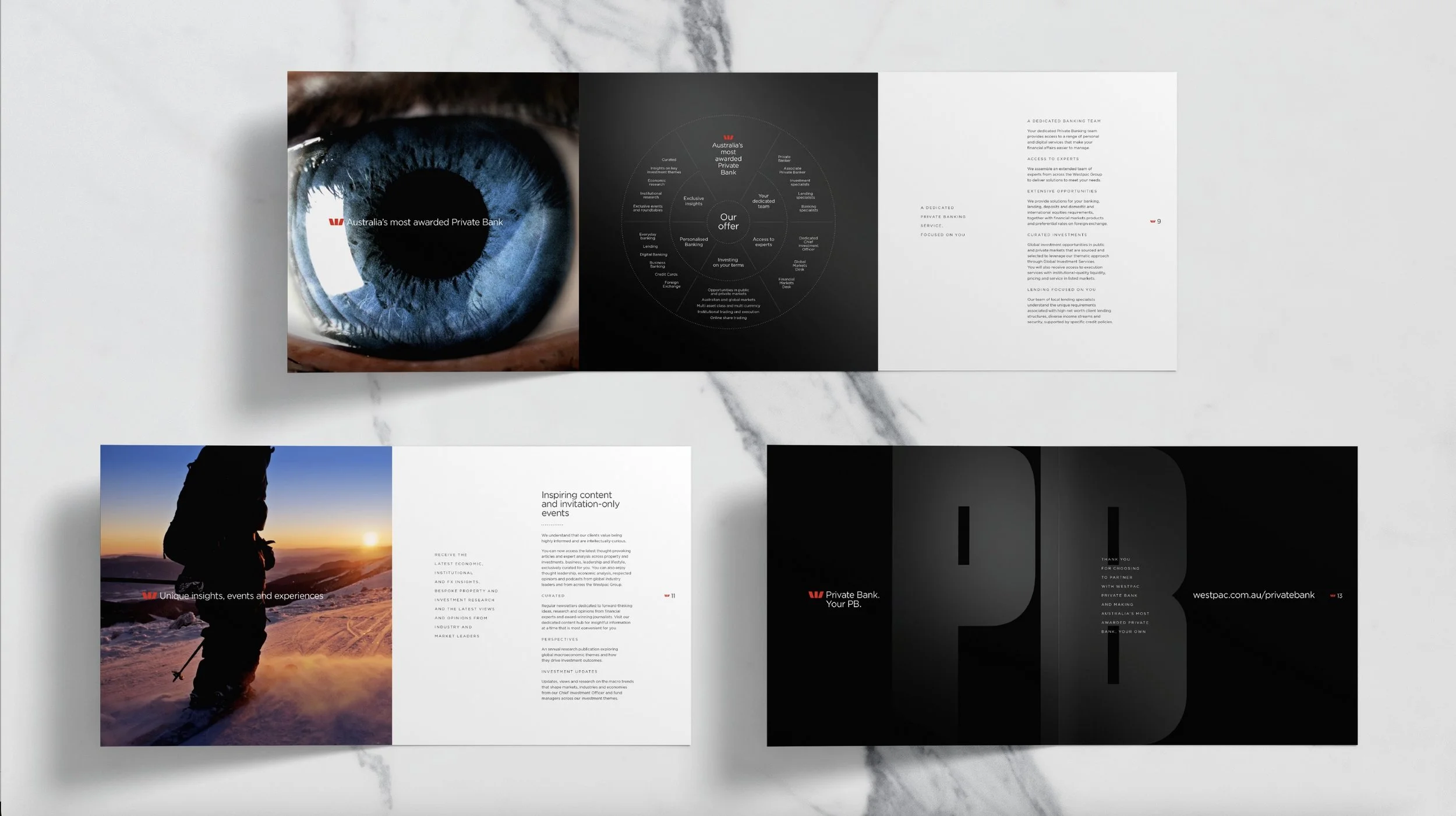 A brochure spread featuring a close-up of a blue eye on the left page and text about a private bank's services on the right page.