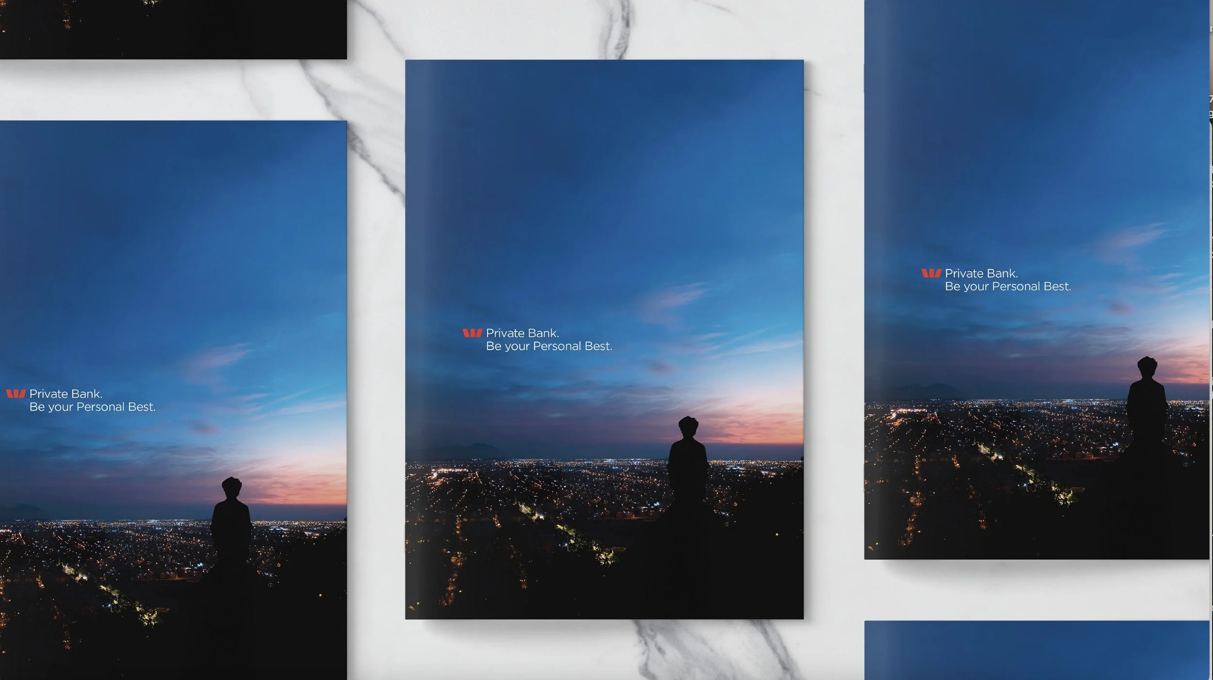 Billboard advertisement with a panoramic view of a city skyline at dusk. The billboard shows a person sitting on a hilltop overlooking the city, with the text 'Private Bank. Be your Personal Best.' in the lower left corner.