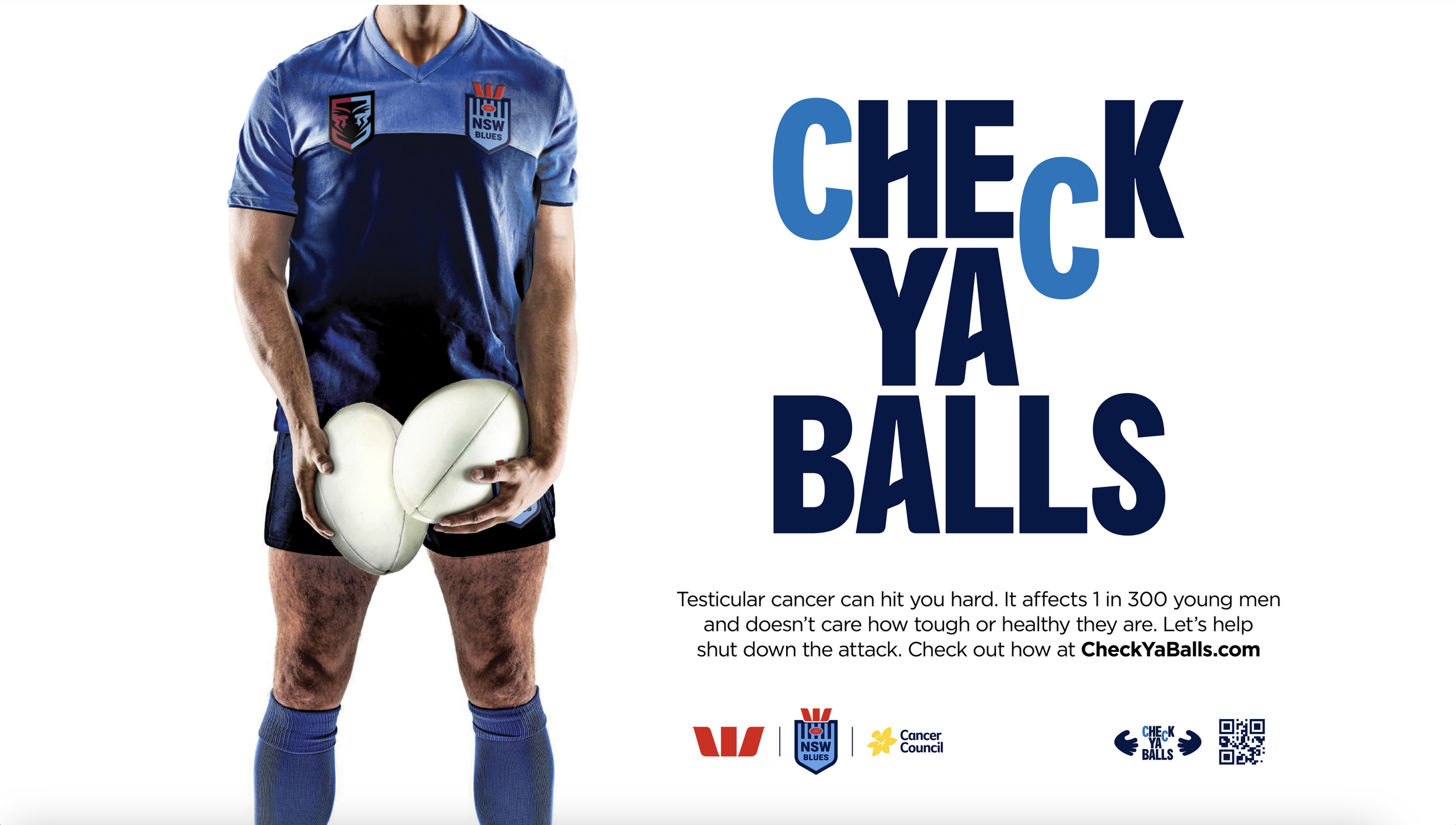 A person in a blue sports jersey and shorts holding two rugby balls, with text promoting testicular cancer awareness and a website link.