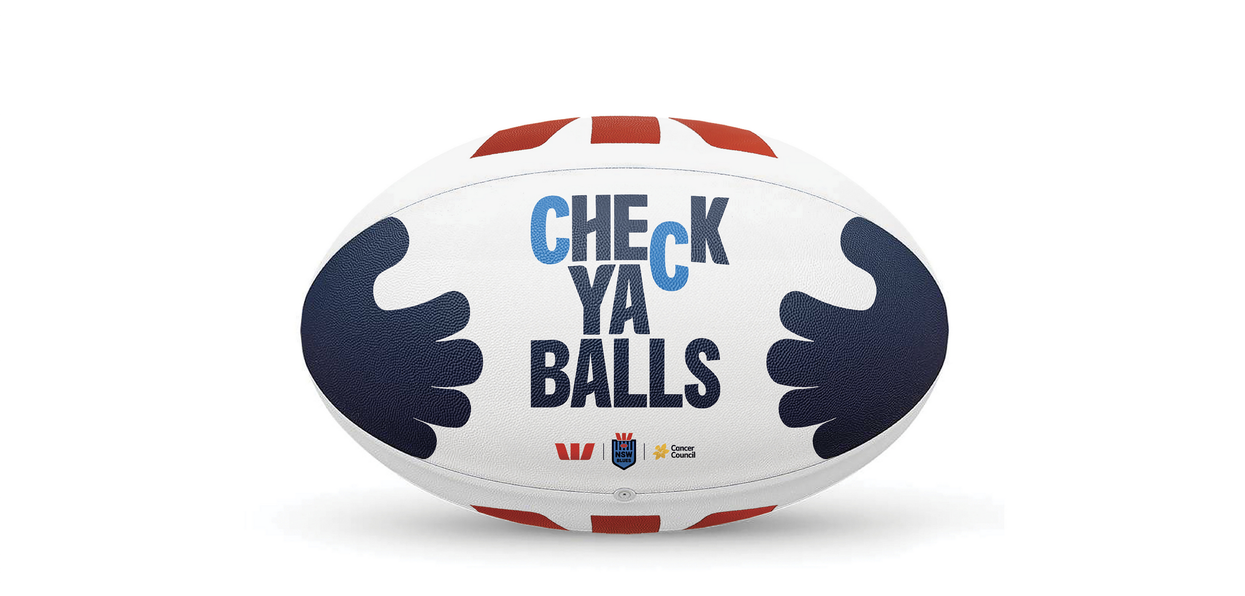 A white rugby ball with blue and red markings, displaying the phrase 'Check Ya Balls' and logos for Wests Tigers, NZ Blue, and Cancer Council.