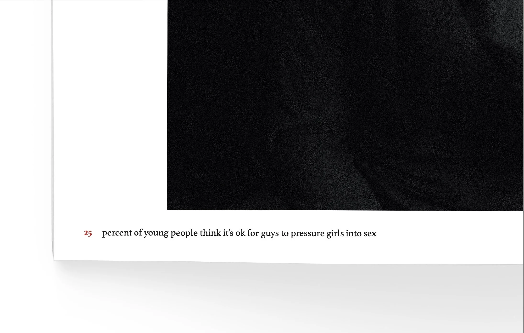 Page with text stating '25 percent of young people think it's okay for guys to pressure girls into sex'.