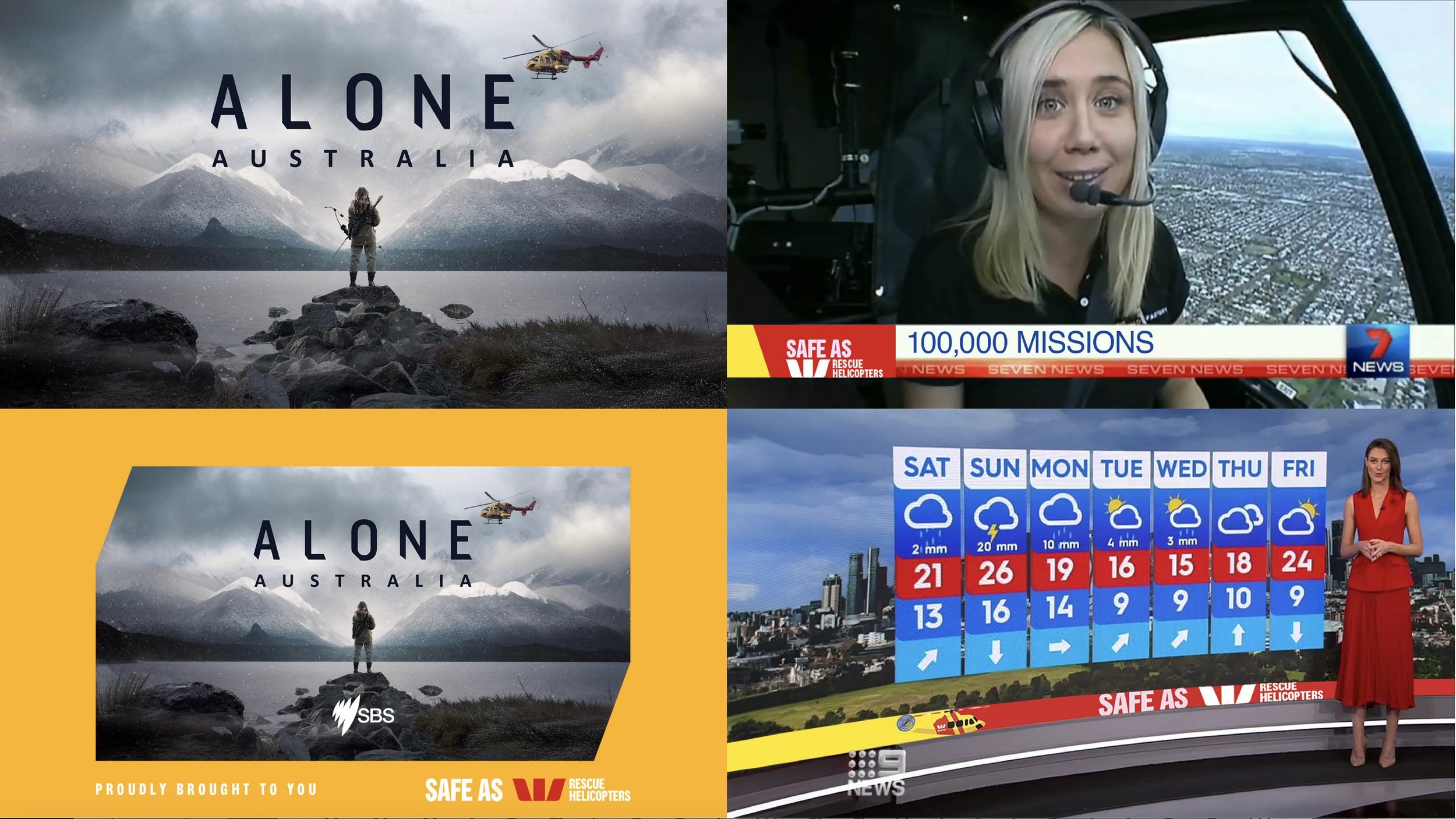 Composite image with four sections. The top left and bottom left show a person standing on rocks near a body of water, holding a fishing rod, with a cloudy sky, mountains, and a helicopter in the background, along with the text 'ALONE AUSTRALIA'. The top right displays a woman in a helicopter cockpit with a city view outside, and a news banner mentioning '100,000 Missions' and rescue helicopters. The bottom right shows a weather forecast with a female news presenter in front of a city skyline, displaying daily weather icons and temperatures.