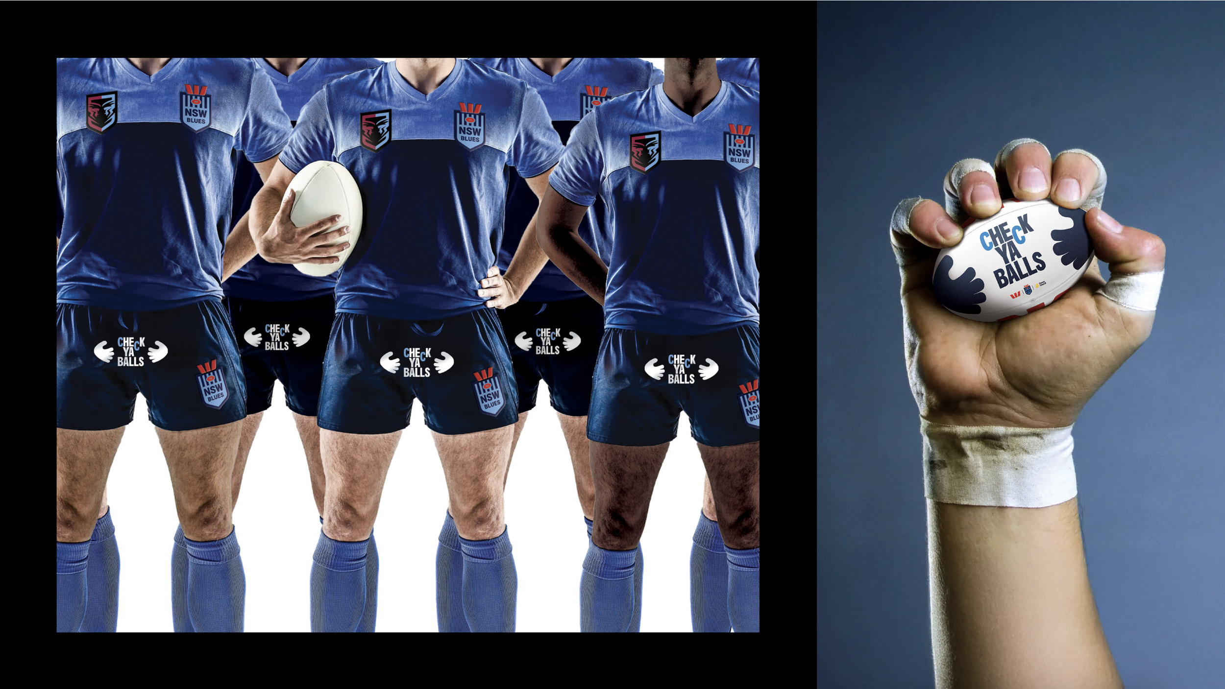 Multiple rugby players in blue uniforms with NSW Blues logos, standing with hands on hips, and a close-up of a hand gripping a rugby ball labeled "Check Ya Balls" with white gloves, against a blue background.