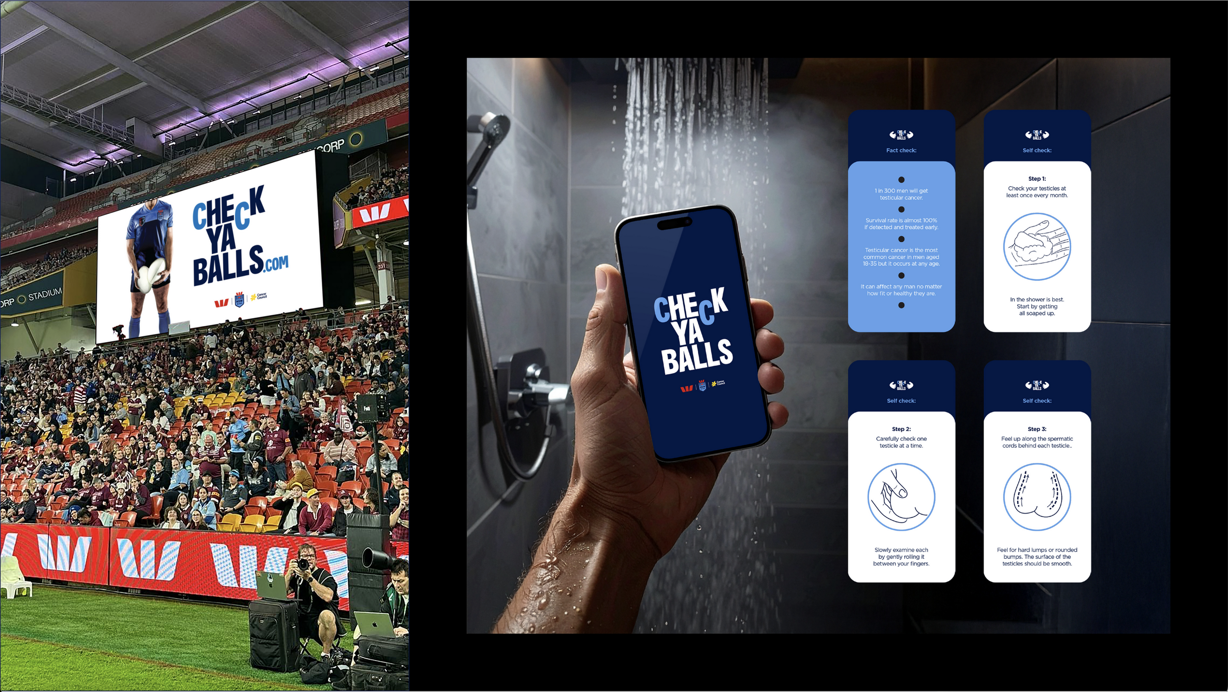 Photo of a packed stadium with a large electronic billboard displaying a player holding a rugby ball and the website name checkyaballs.com. Next to the stadium, a person is holding a smartphone showing the same logo. There are instructions for a health self-check on a wall, with a shower scene and illustrative diagrams.