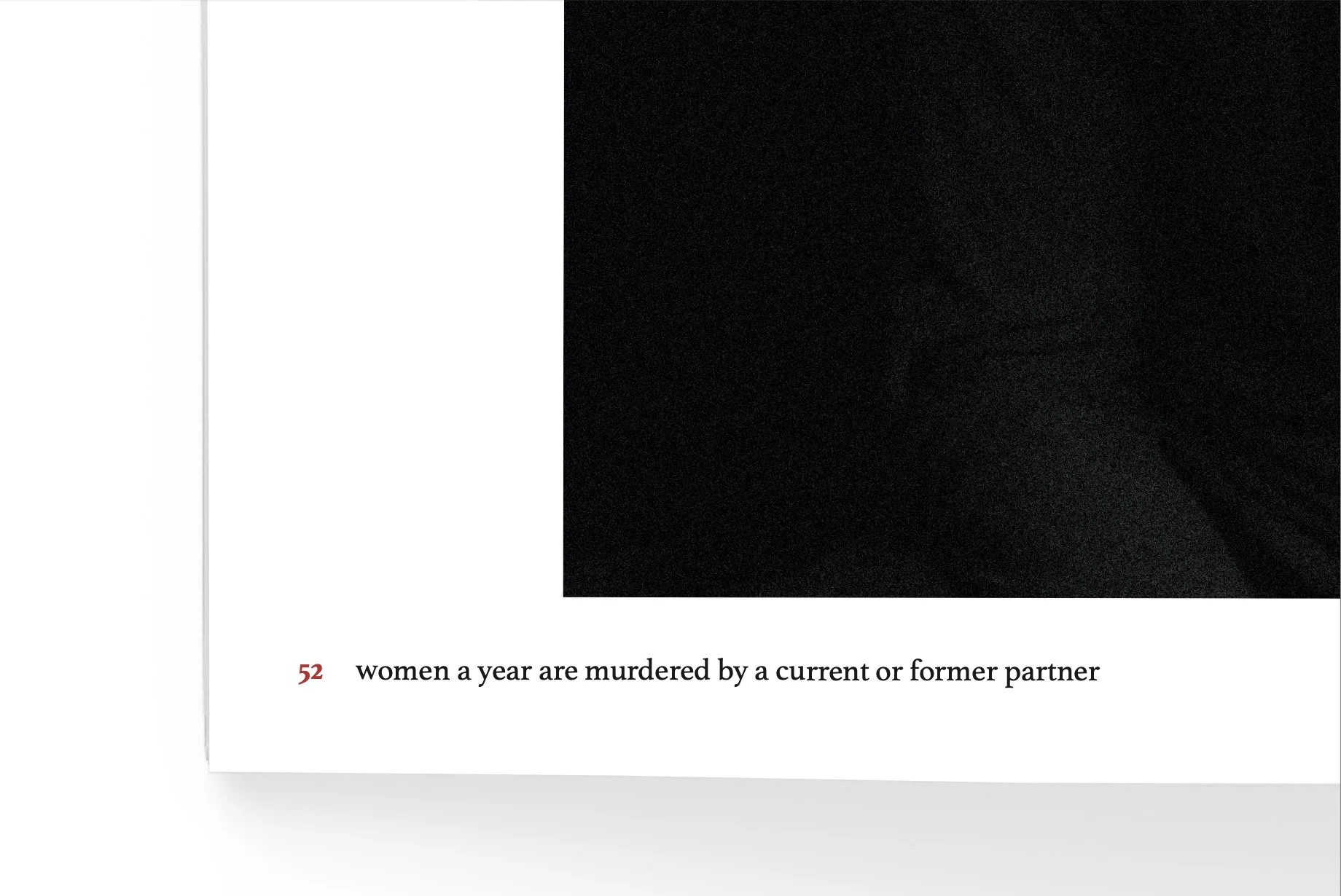 A black-and-white image with a partially visible page showing text about women being murdered by partners, with a red number 52.