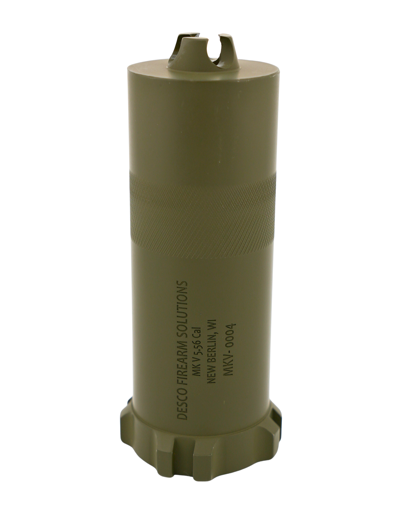 A cylindrical military-style canister from Desco Firearm Solutions, labeled with specifications and location in New Berlin, Wisconsin.