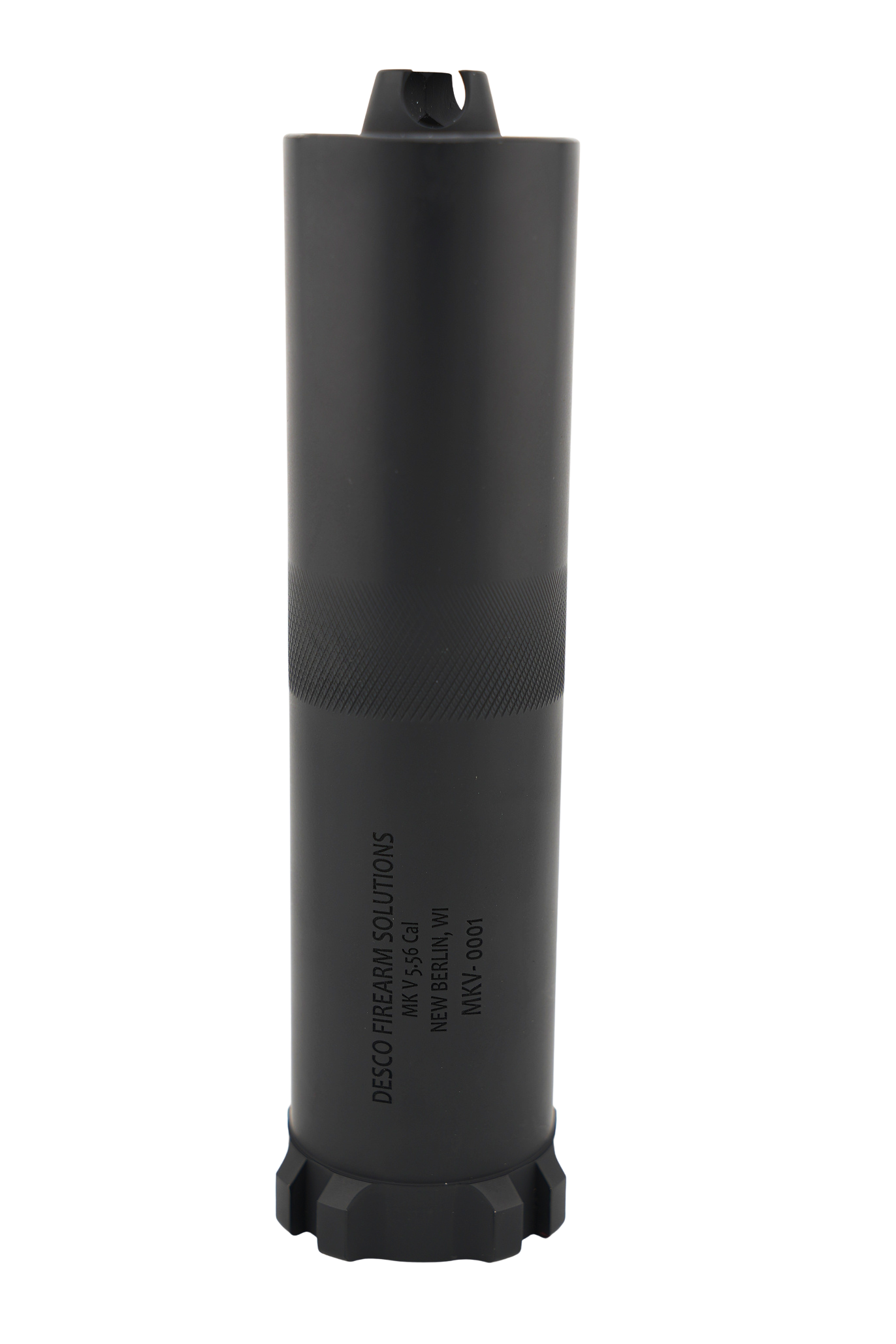Black cylindrical device with textured grip and a black base, labeled 'DESCO FIREARM SOLUTIONS MKV V 55.56 CAL NEW BERLIN, WI MKR-0001'.