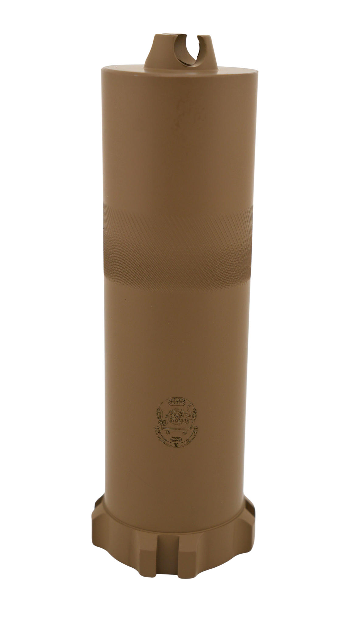 A cylindrical beige filter housing with a grip at the top and a marked diagram on the front.