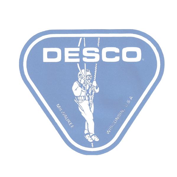 Desco patch with a climber, company name, and location in Milwaukee, Wisconsin, U.S.A.