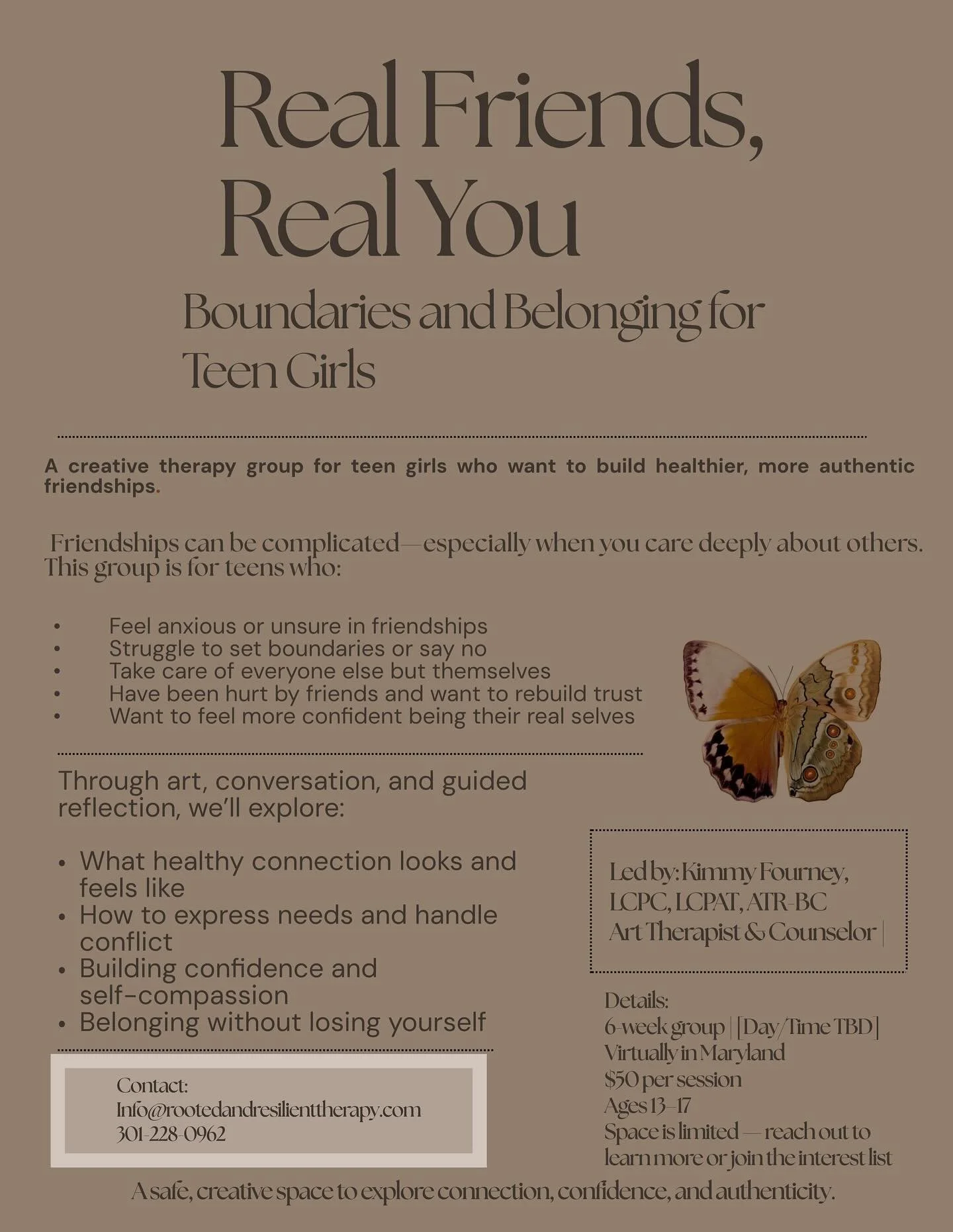 I&rsquo;m excited to share about this creative group that has been in the making. This is a group for teen girls who are wanting more authentic and healthy relationships. If you or someone you know may be interested, reach out to me at info@rootedand