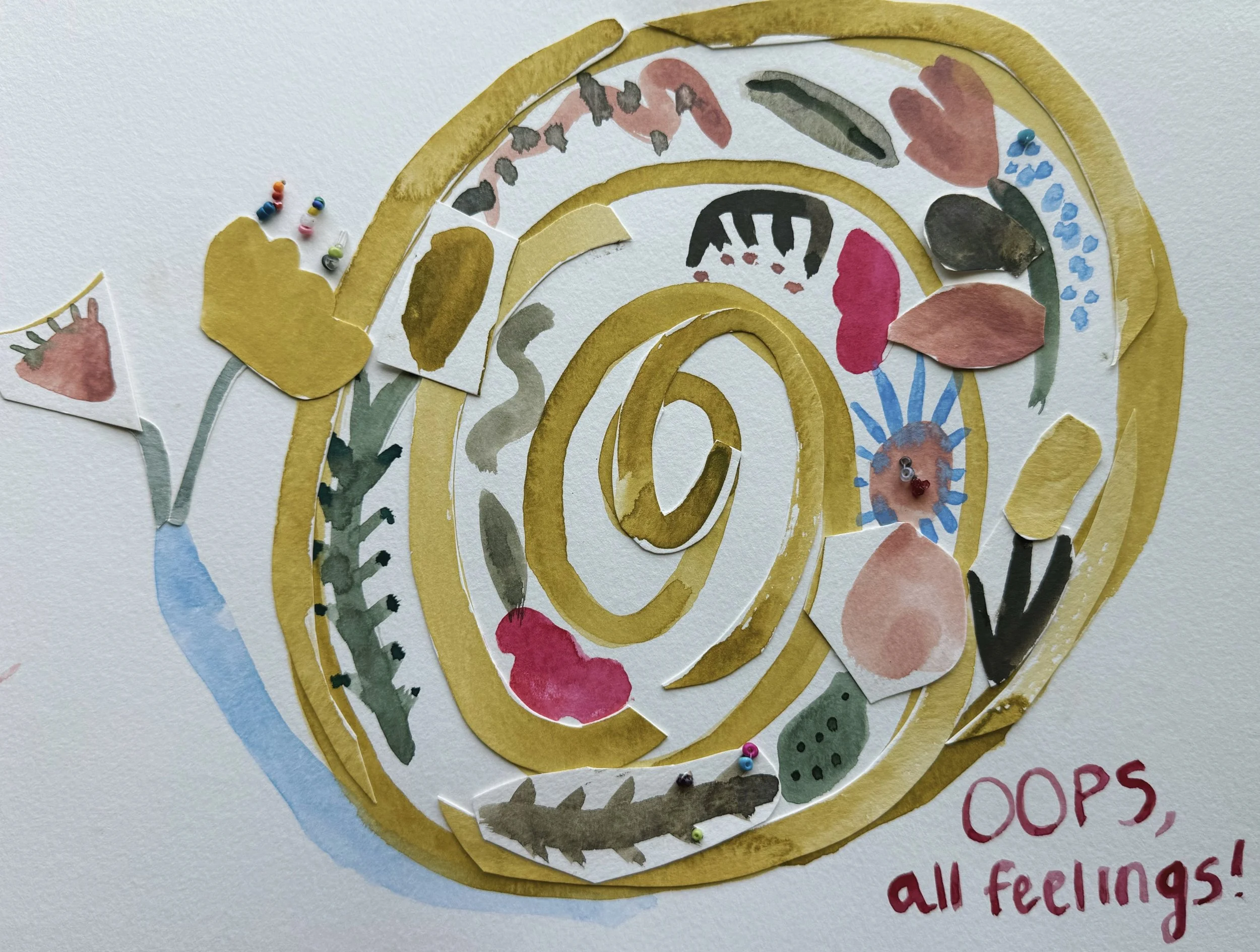 A spiral collage made from watercolor paper, featuring various painted floral and abstract shapes with the phrase "OOPS, all feelings!" written in red at the bottom right corner.