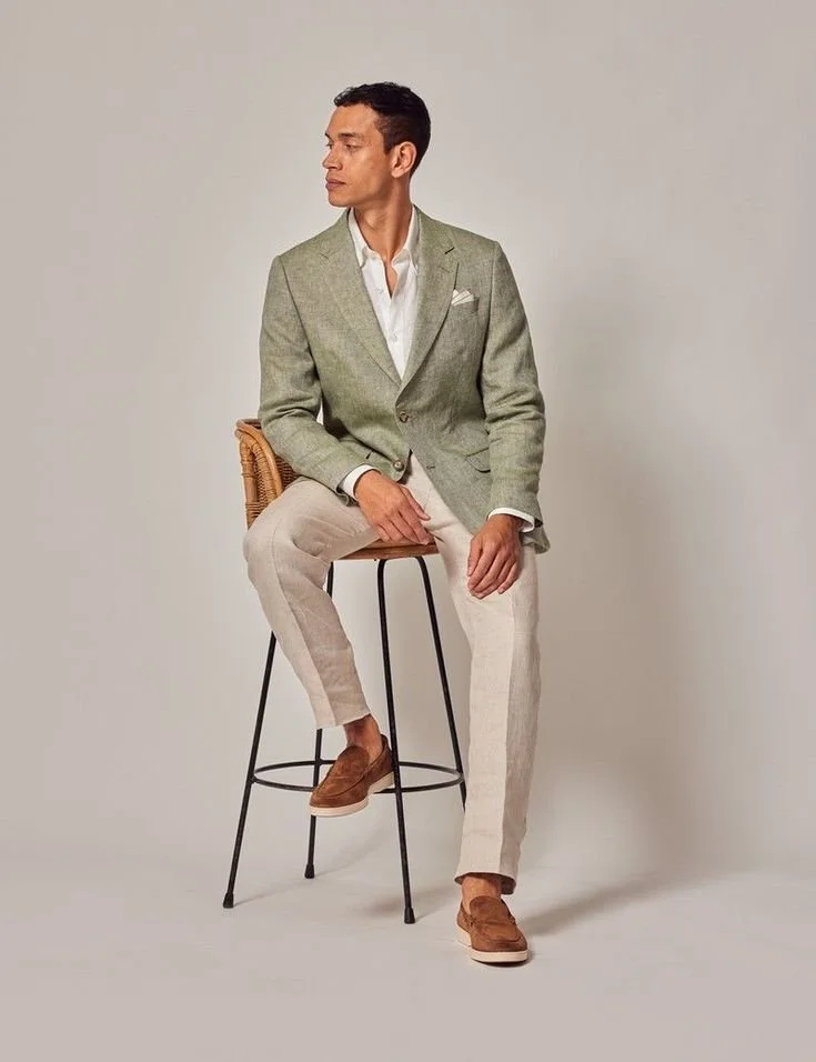 Men's Green Semi Plain Linen Tailored Fit Italian Suit Jacket - 1913 Collection.jpeg