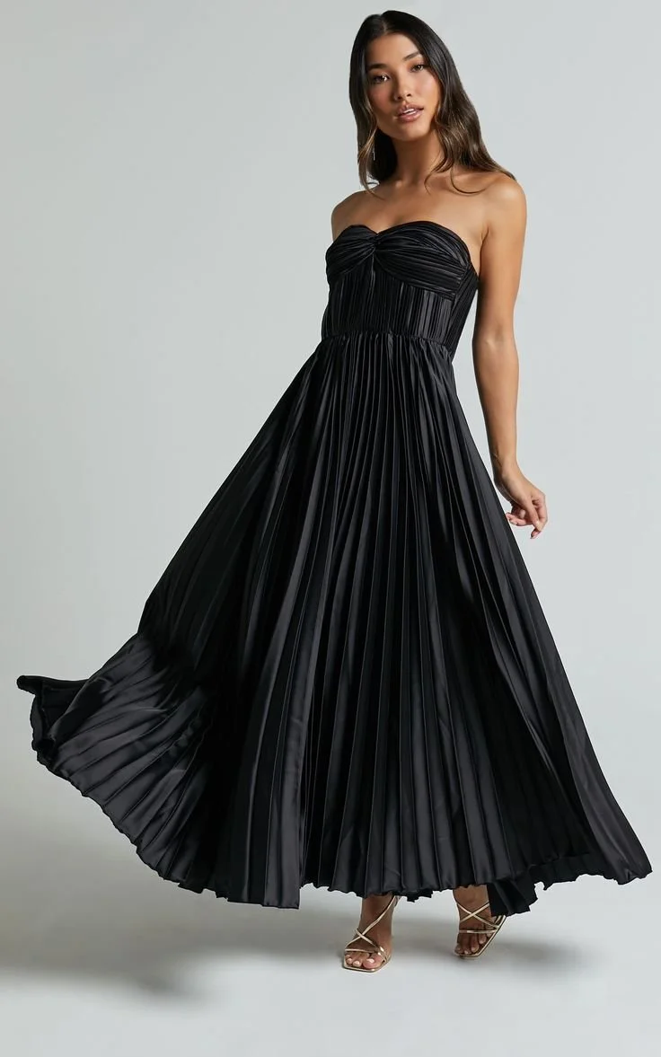 Heidi Midi Dress - Strapless Twist Bust Detail Pleated Midi Dress in Black.jpeg