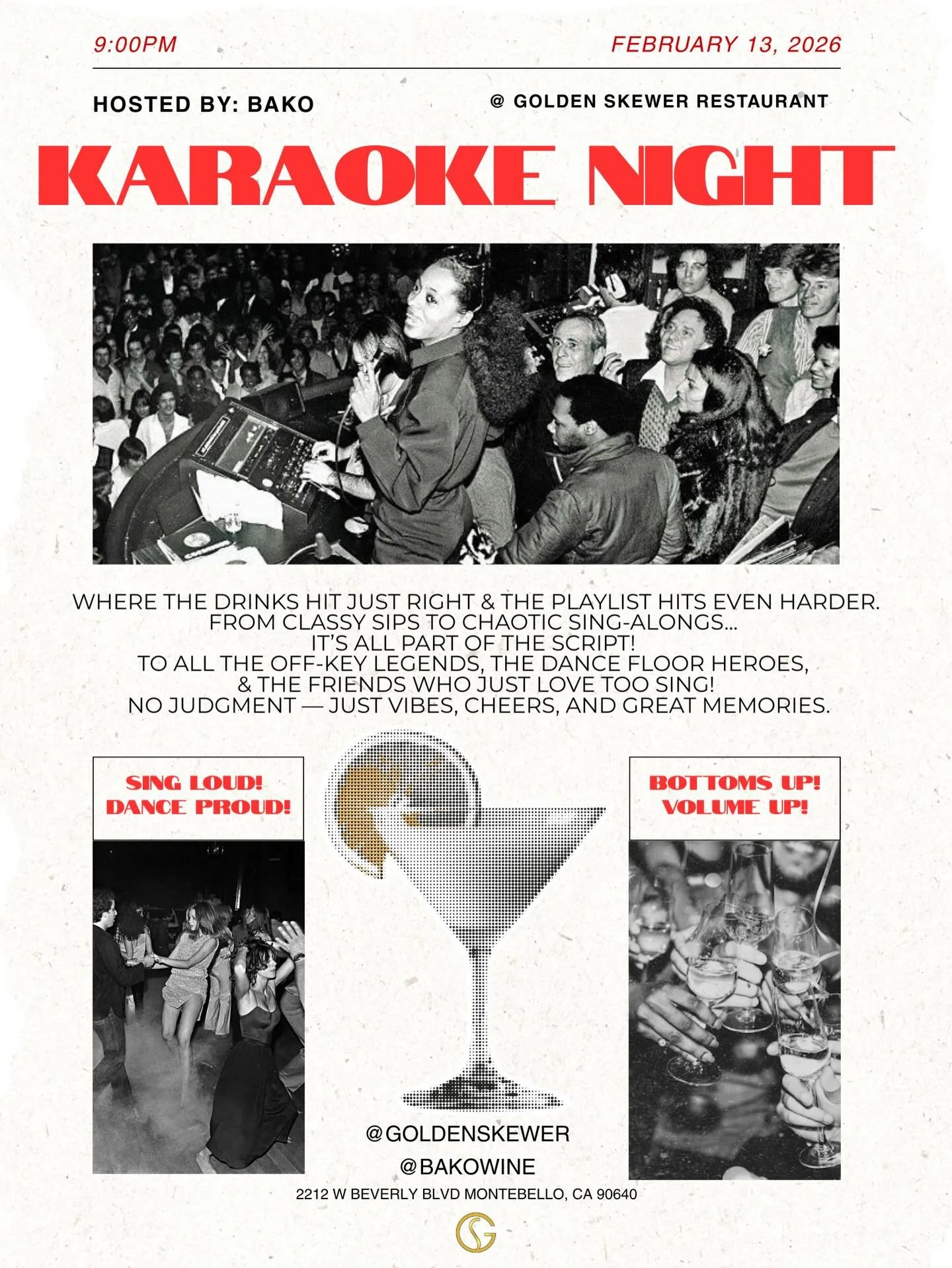🎤 KARAOKE NIGHT! Hosted by BAkO 🍷
The mics are back !

Great Drinks. Loud friends. Zero judgment.
Come sing, sip, and steal the spotlight.

-  FrIday 2/13/26
- Starts at 9pm
📍 Inside Golden Skewer

👉 Tag your karaoke crew

RSVP link in Bio