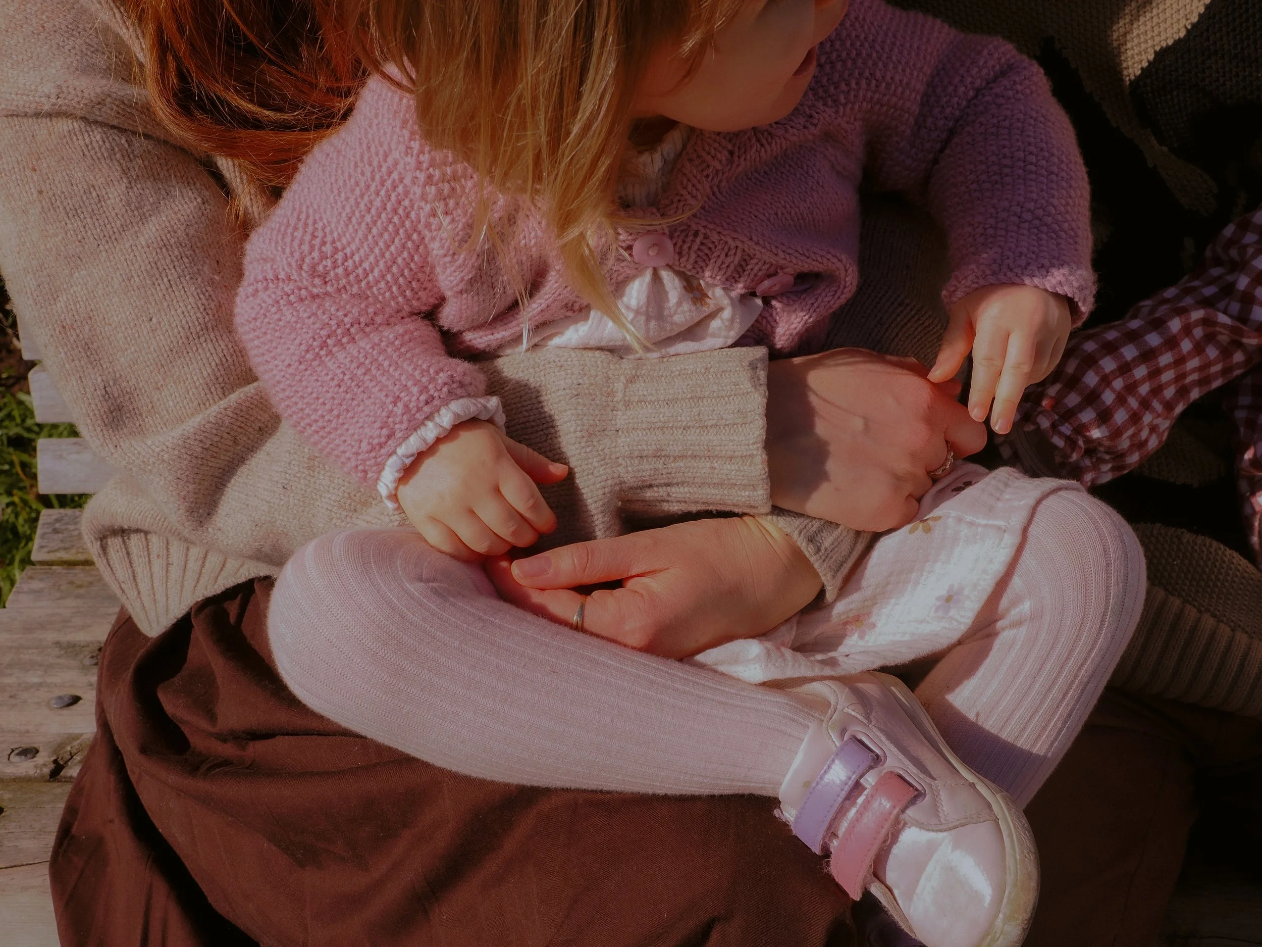 A young girl in pink and white clothing holding a teddy bear, sitting on an adult's lap outdoors. Family Photography Waikato New Zealand. Family Photography Hamilton New Zealand. Northland Wedding Photography