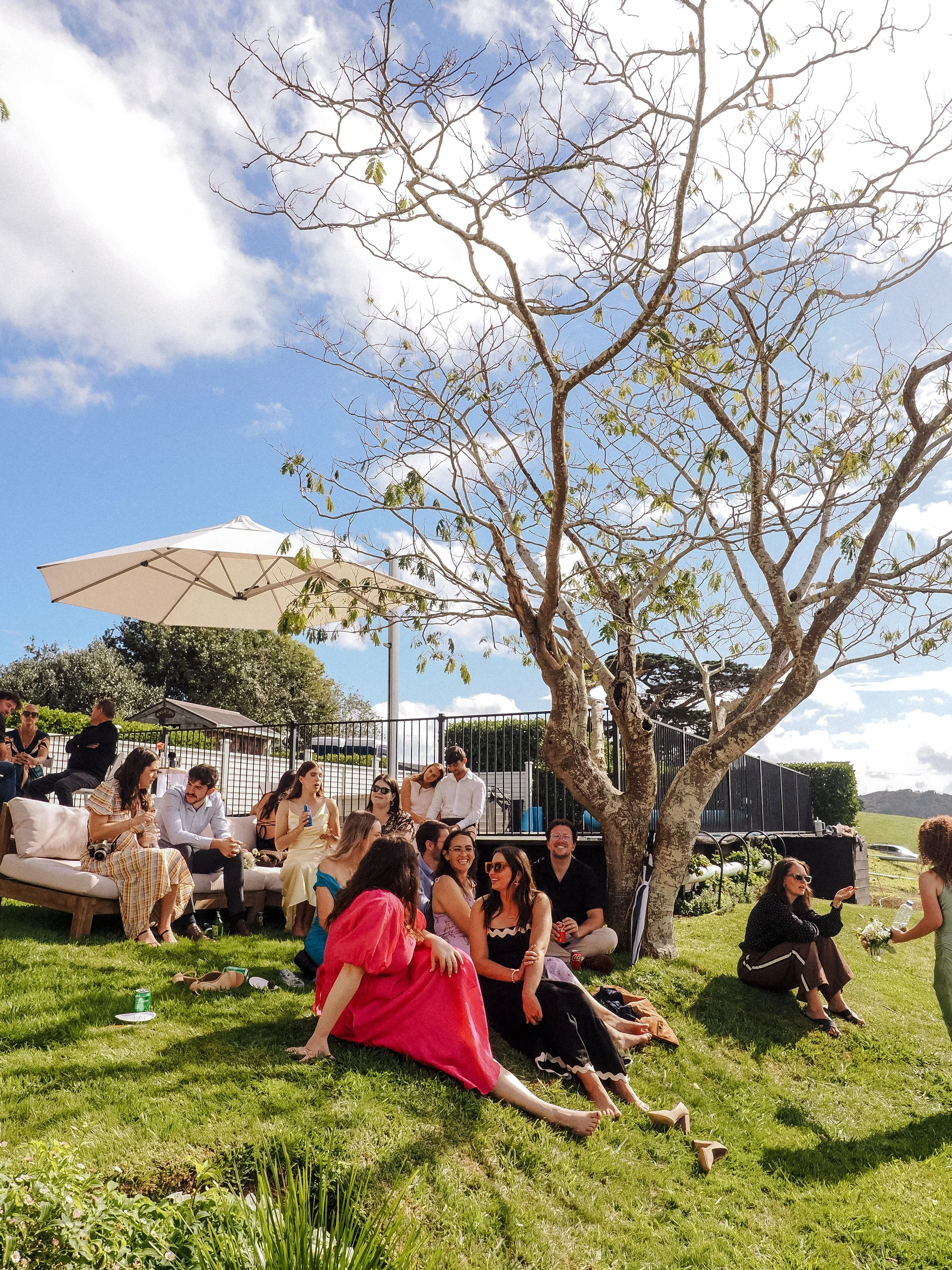 A group of people gathered outdoors on a grassy hill, sitting and standing near a large leafless tree with some green leaves. There are some sofas and a white umbrella providing shade. The sky is partly cloudy with blue and white clouds. The scene ap