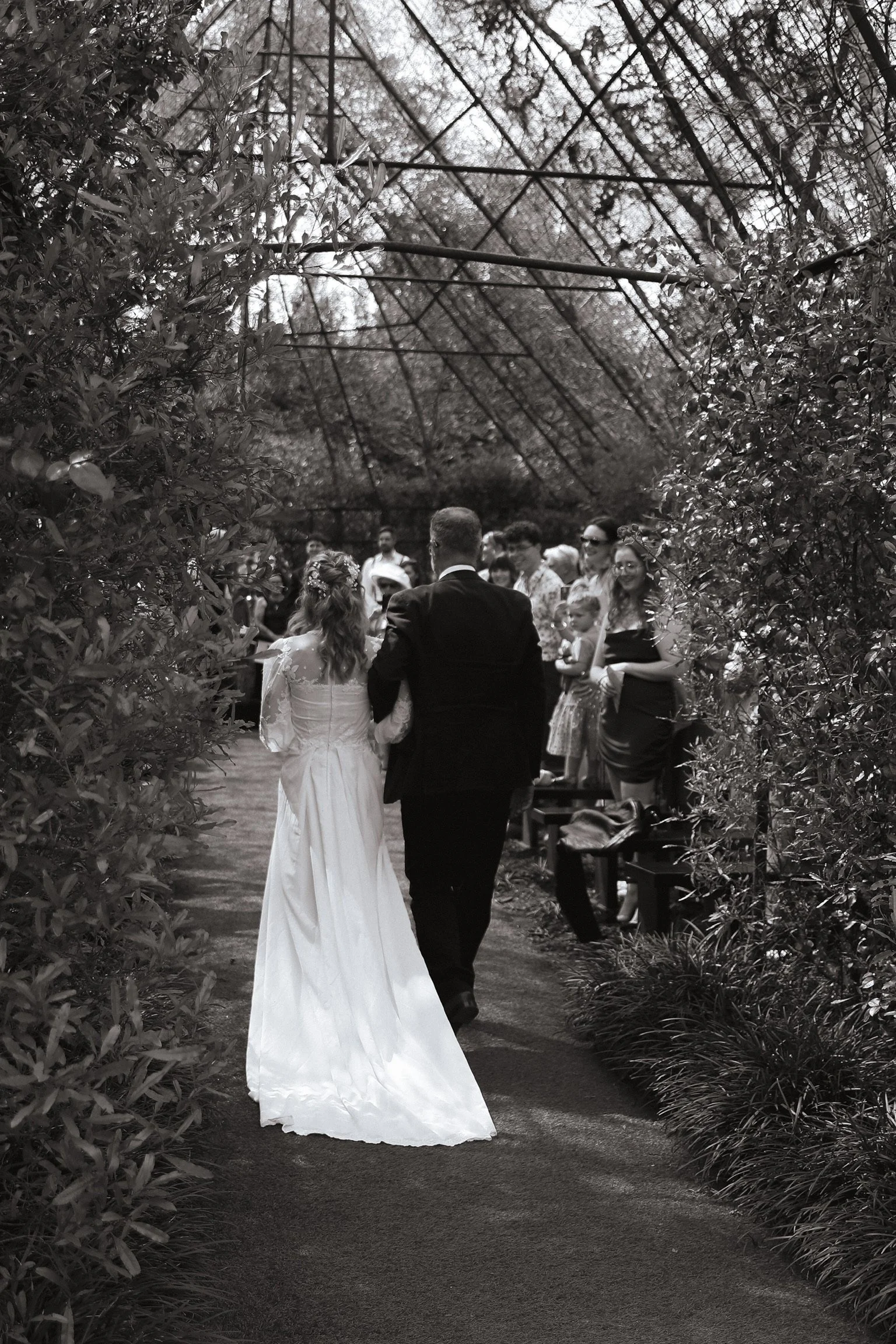 A bride and groom walk down an outdoor garden aisle surrounded by friends and family, with some guests standing and smiling, as sunlight filters through tree branches overhead. Wedding Photography Waikato New Zealand. Wedding Photography Hamilton
