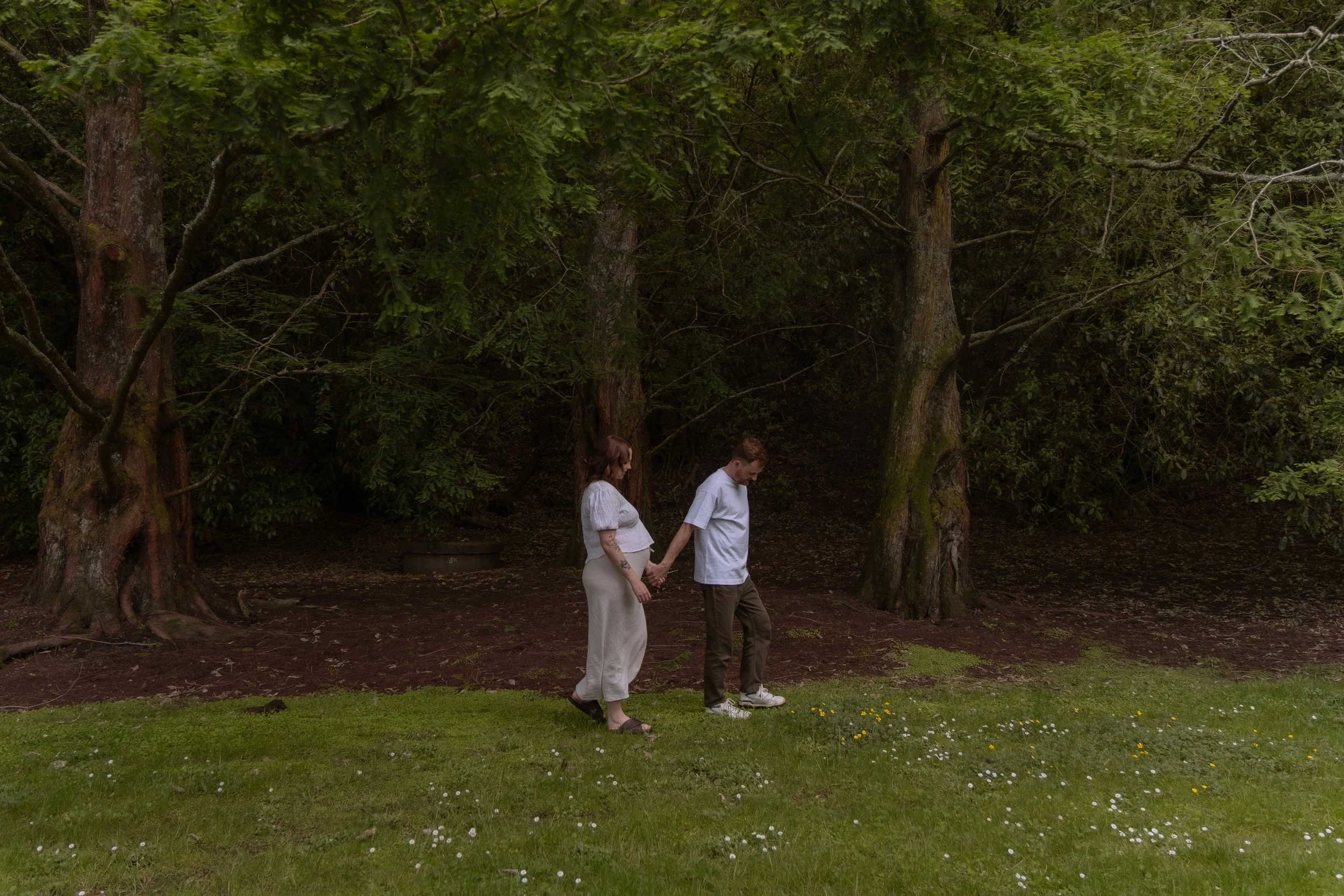 A couple holding hands walking in a park with trees in the background and grass with small flowers in the foreground. Maternity Photography, Hamilton New Zealand Photographer
