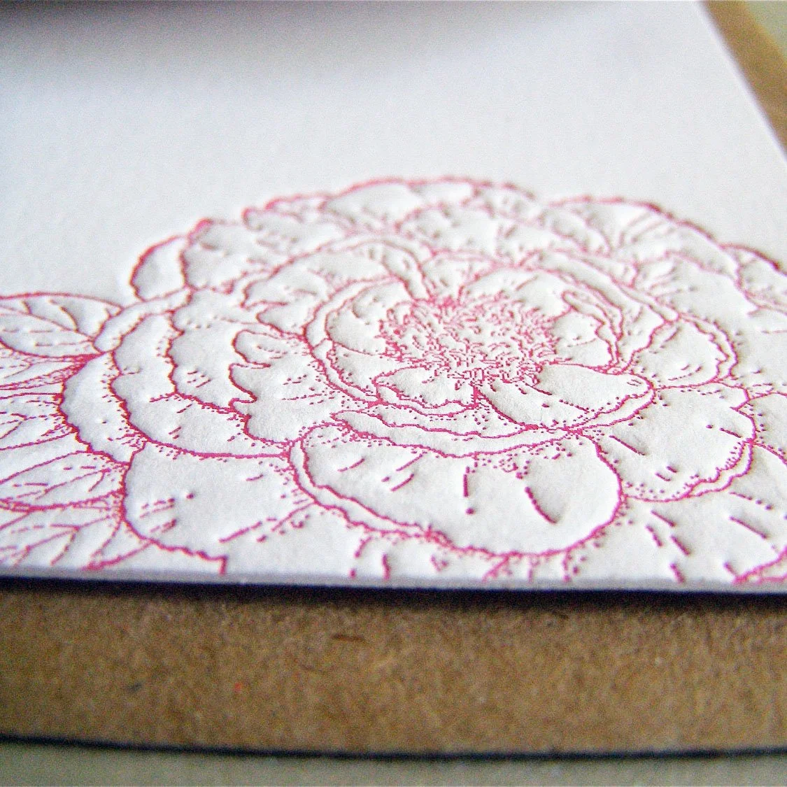 Set of white peony letterpress notecards with envelopes