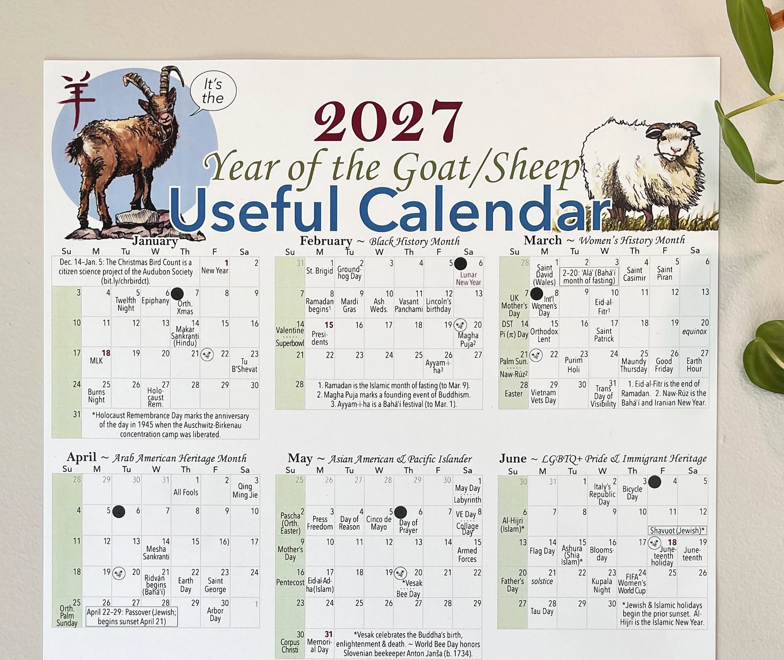 2027 Poster Calendar for Year of the Goat. It's the Useful Calendar.