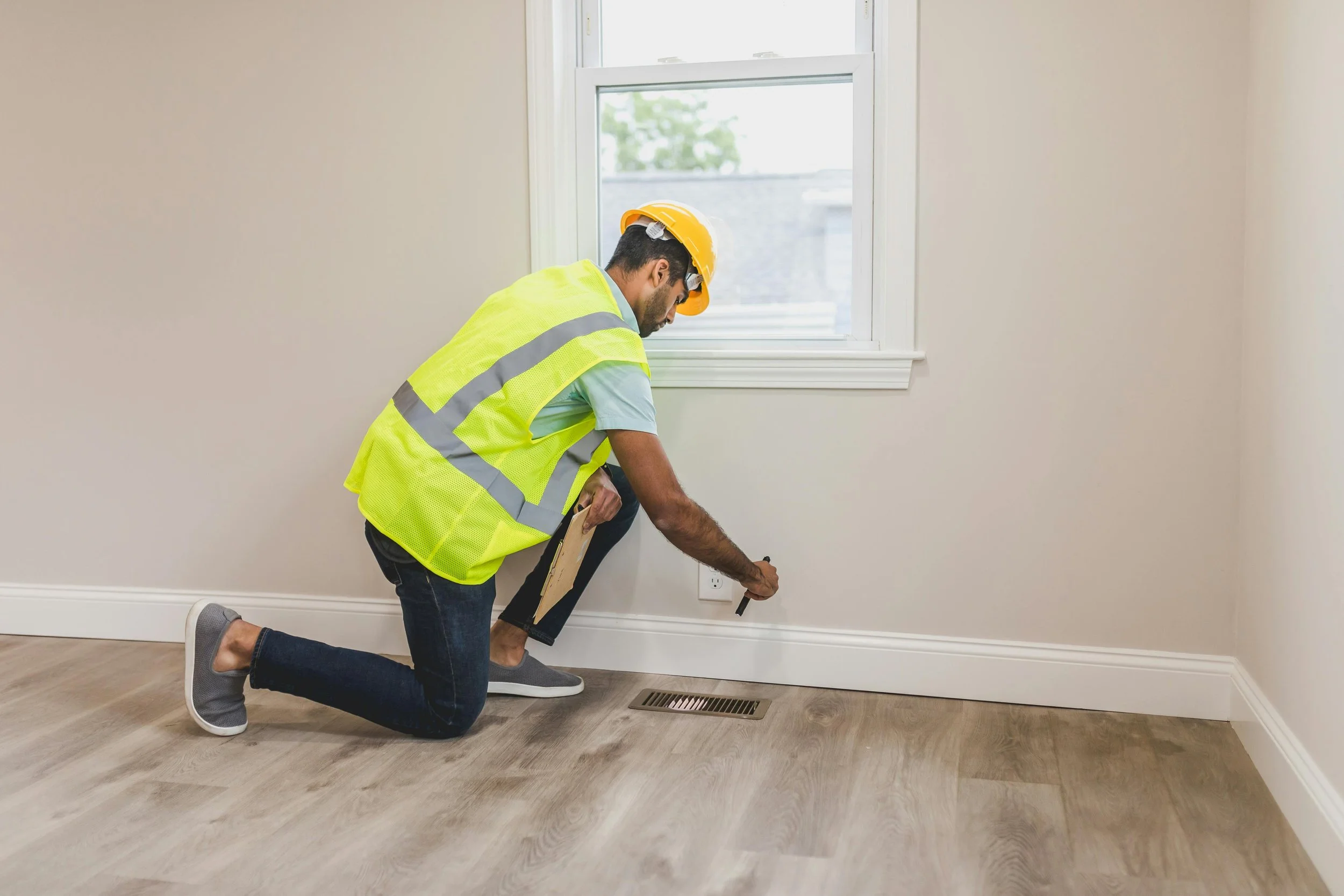 Construction worker kneeling in a room, wearing a yellow safety vest and hard hat, inspecting an electrical outlet with a flashlight.